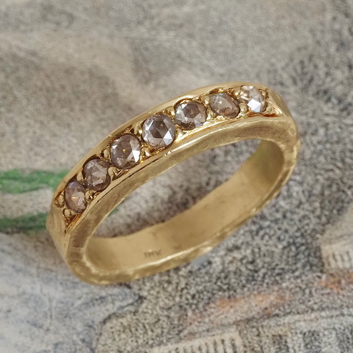 Rose Cut Diamond 18k Gold Hammered Half Eternity Band