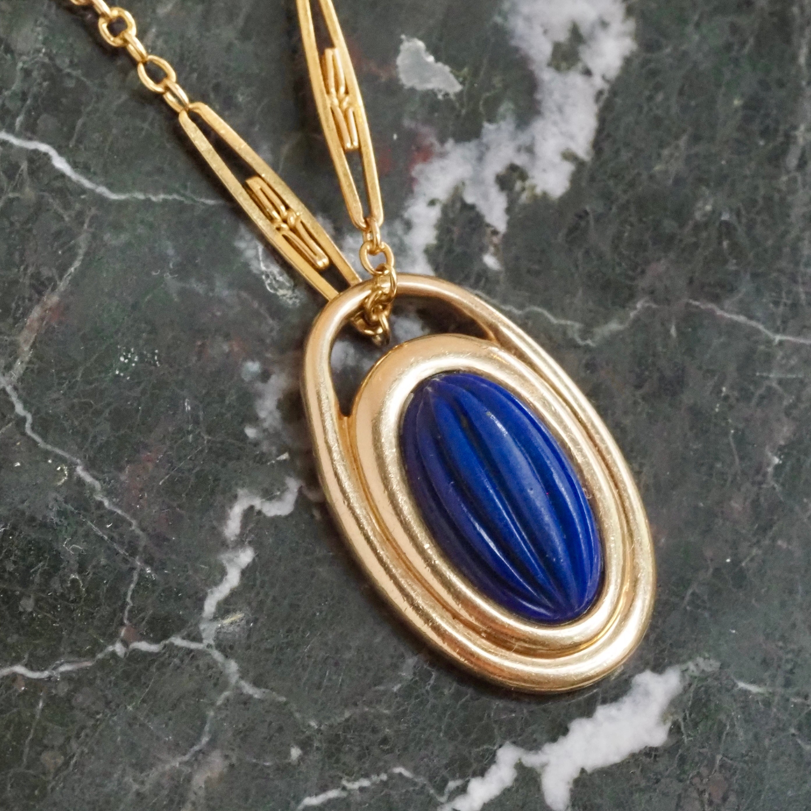 Vintage Carved Lapis Melon 14k Gold Pendant