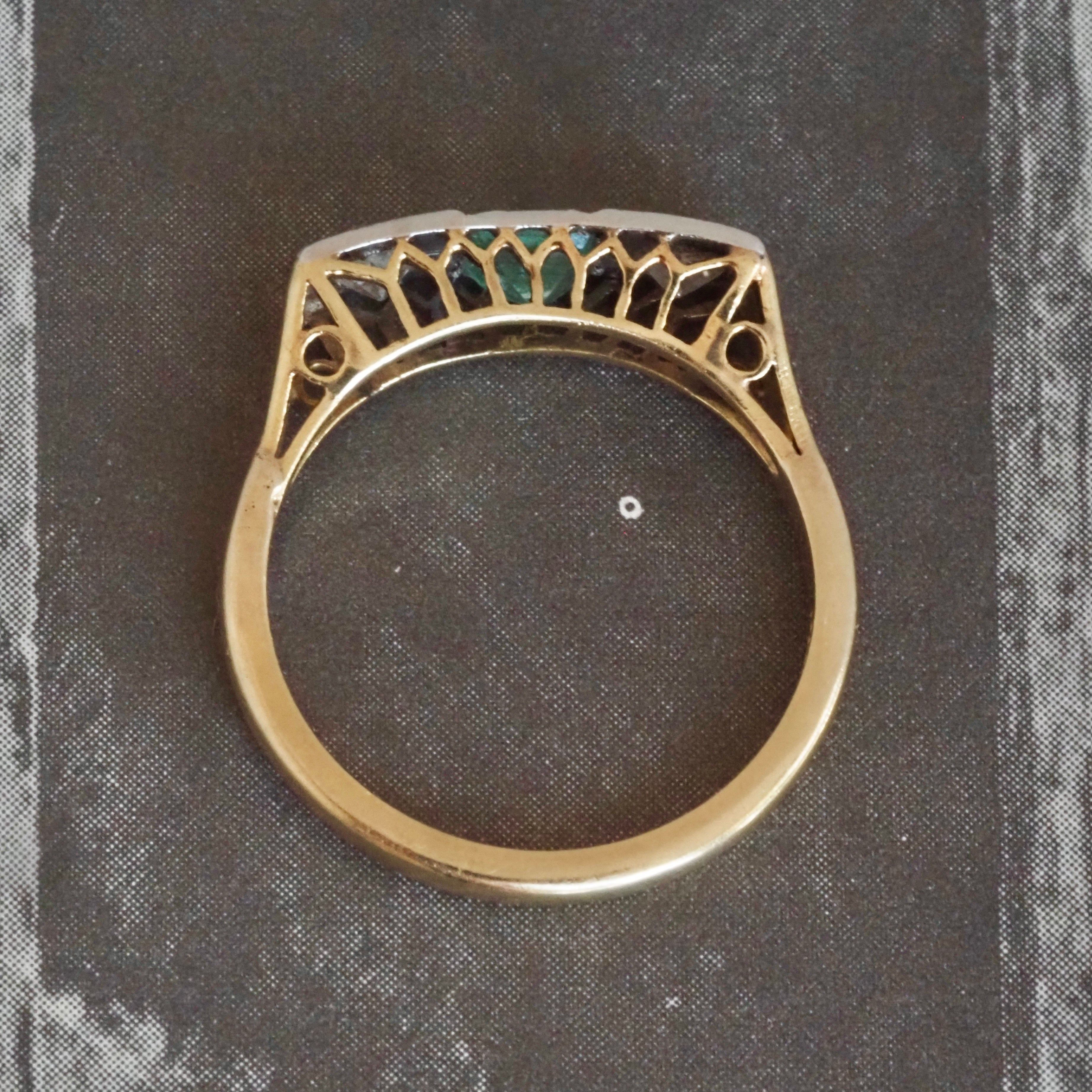 Antique Art Deco Trilogy Emerald and Old European Cut Diamond 14k Gold Ring