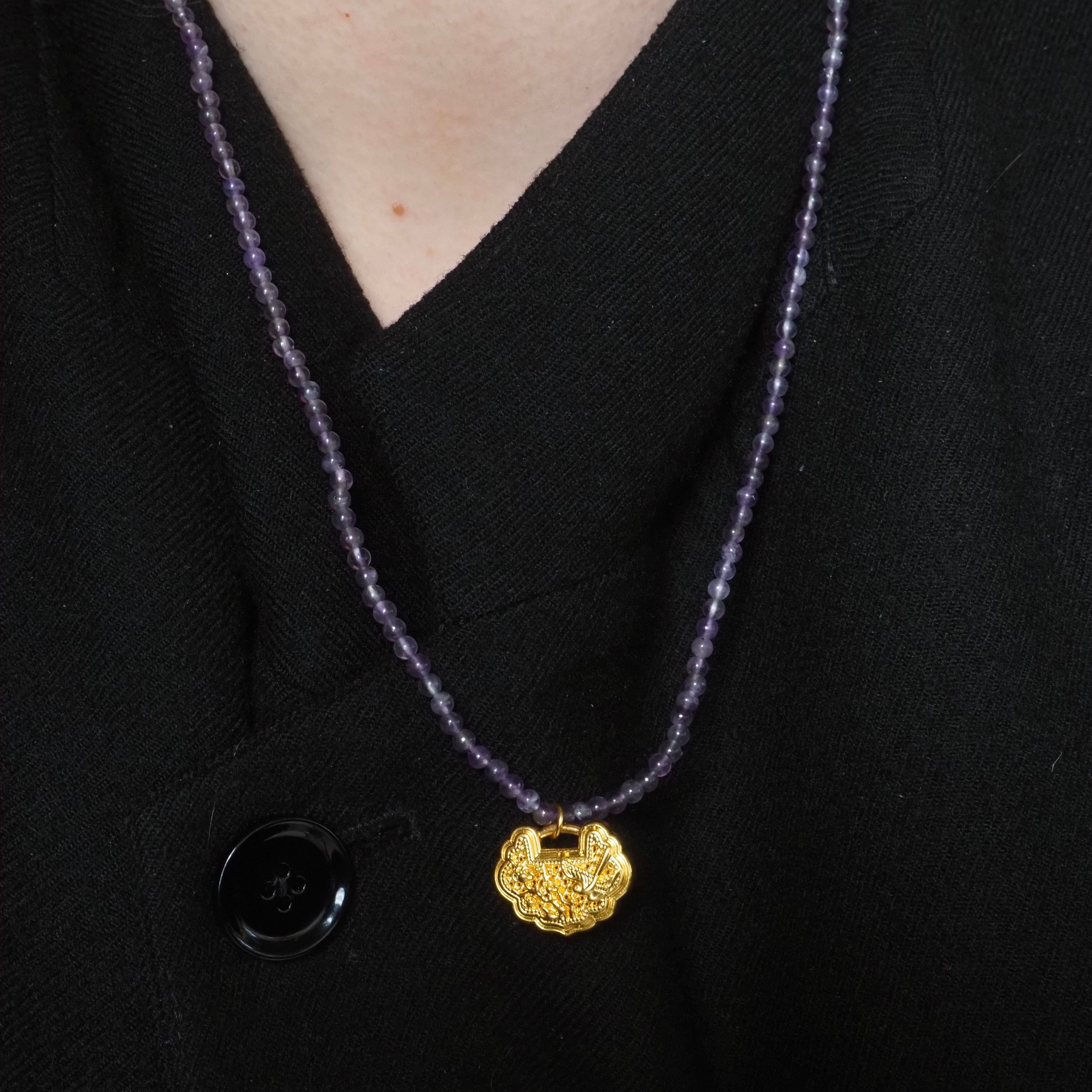 Vintage Chinese Amethyst Bead 24k Gold Lock Charm Necklace