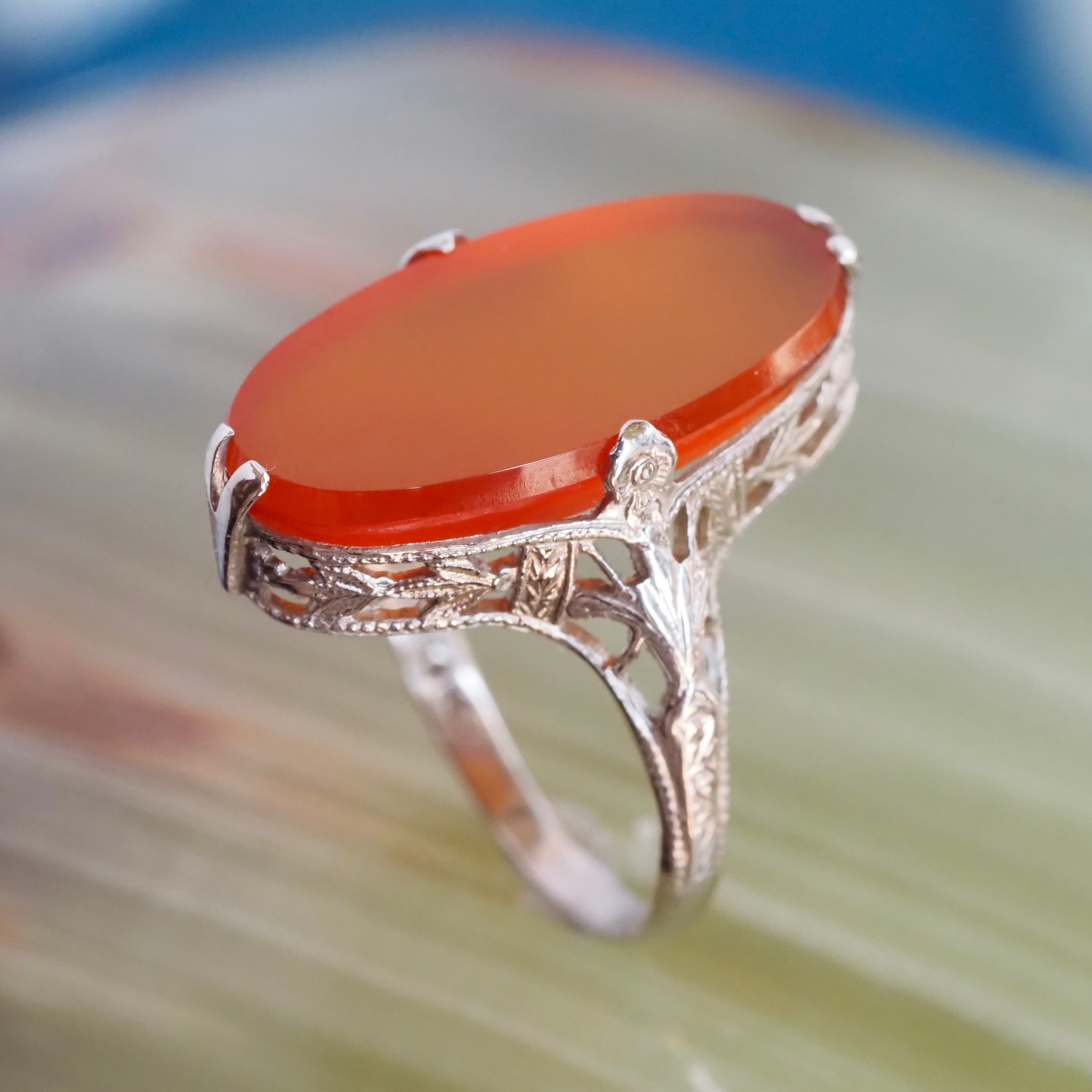 Antique Art Deco 14k White Gold Filigree Carnelian Ring