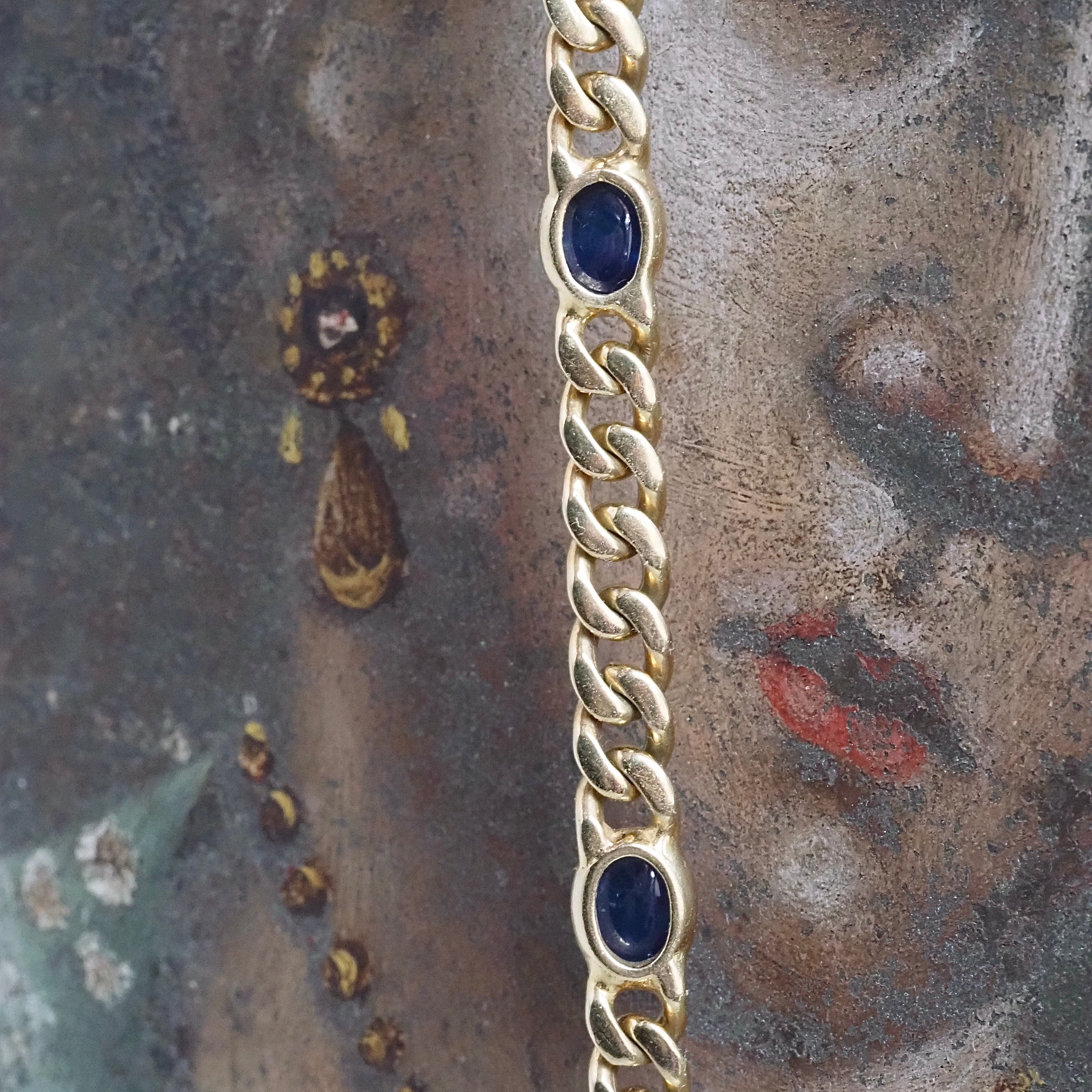Vintage Italian Natural Blue Sapphire Cabochon 14k Gold Curb Link Station Bracelet