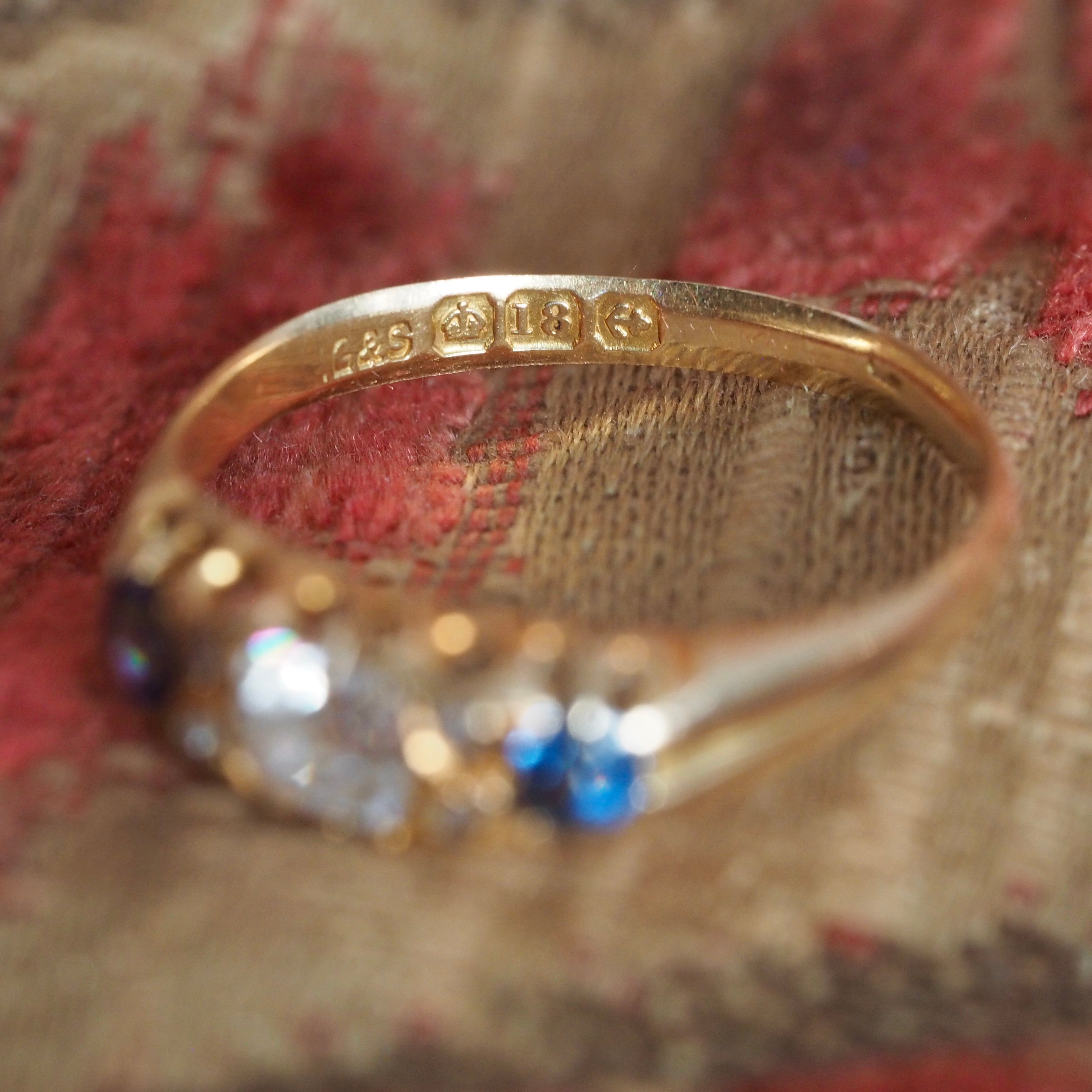 Antique English 18k Gold Old Mine Cut Diamond and Natural Sapphire Ring