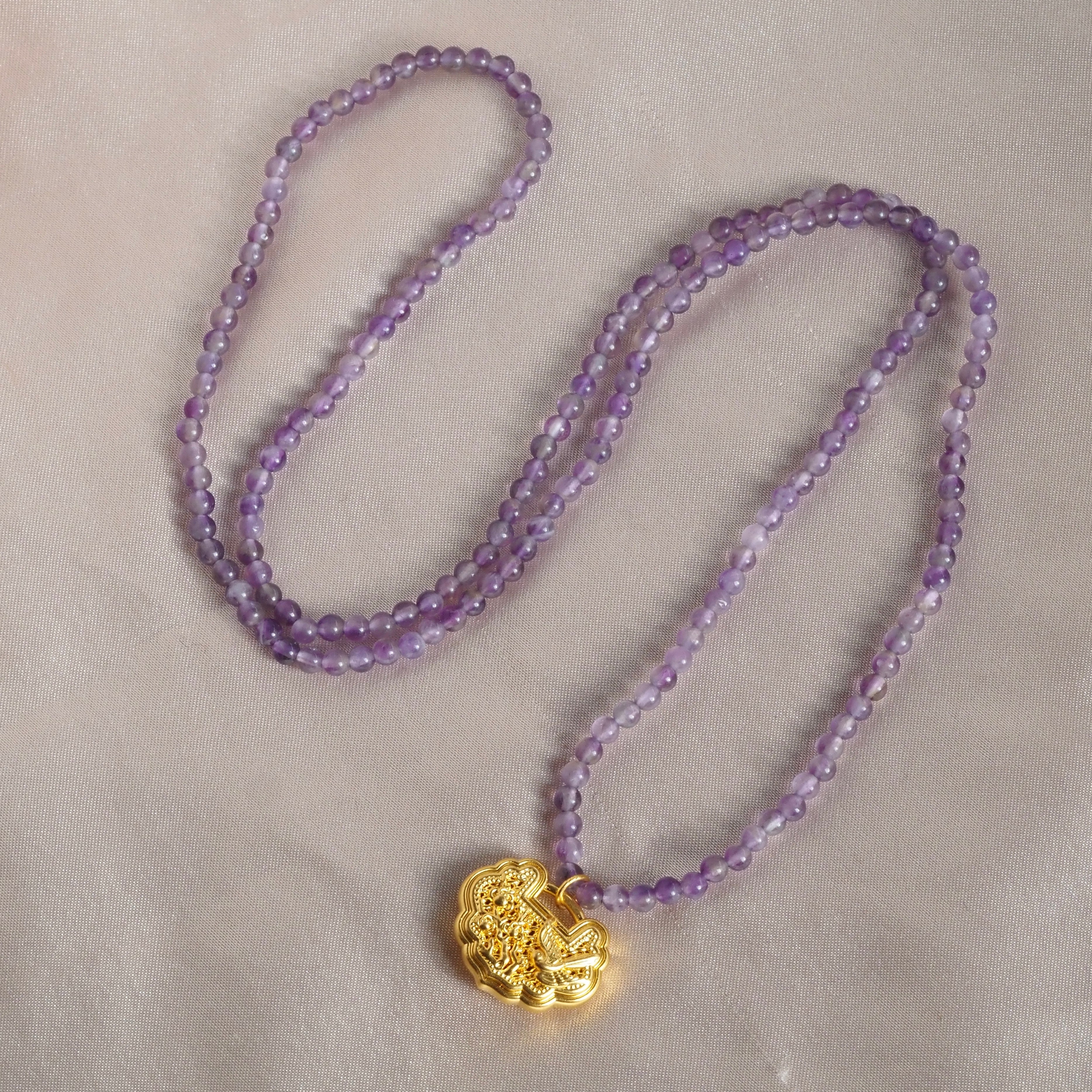 Vintage Chinese Amethyst Bead 24k Gold Lock Charm Necklace