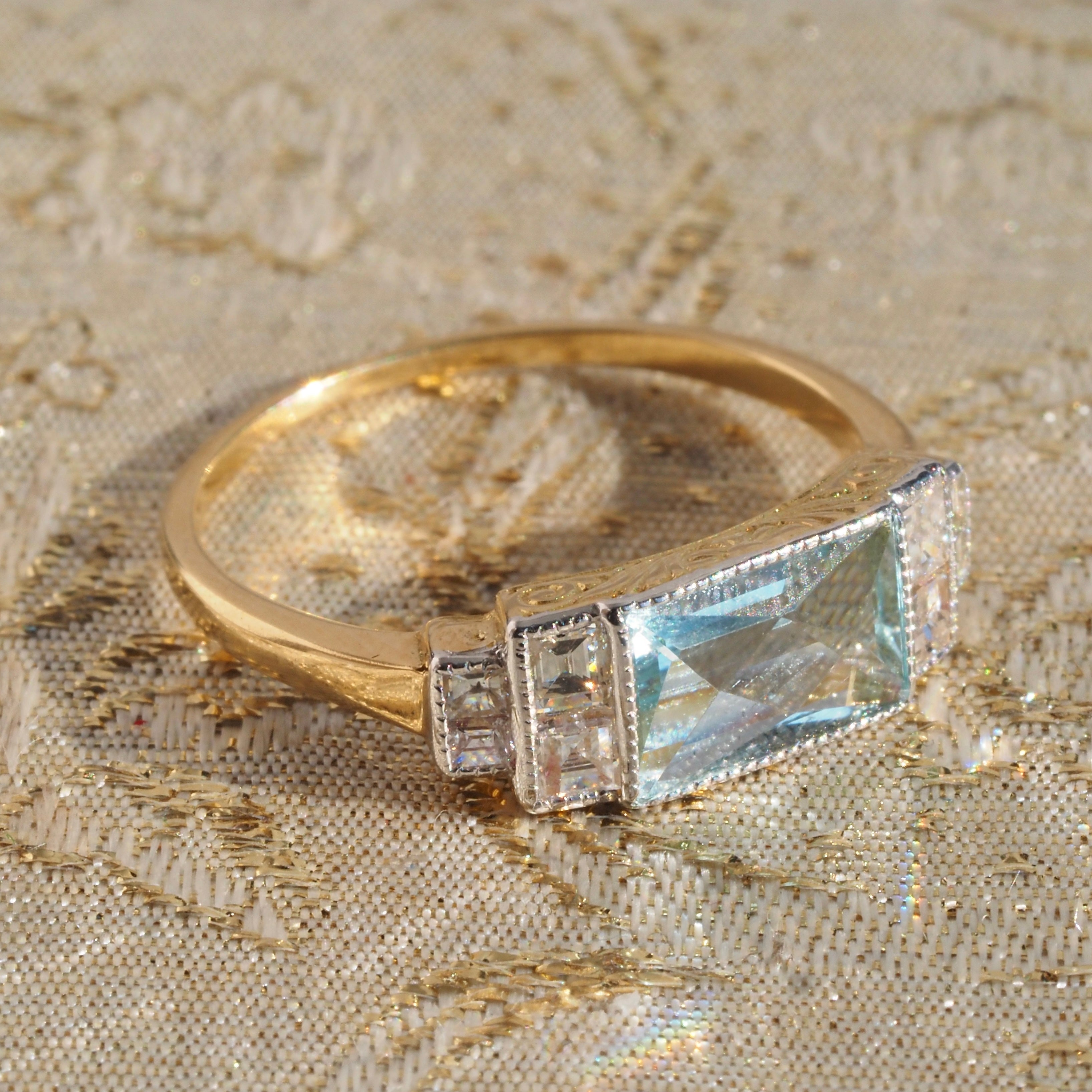 Antique Art Deco English Aquamarine Diamond 18k Gold and Platinum Ring