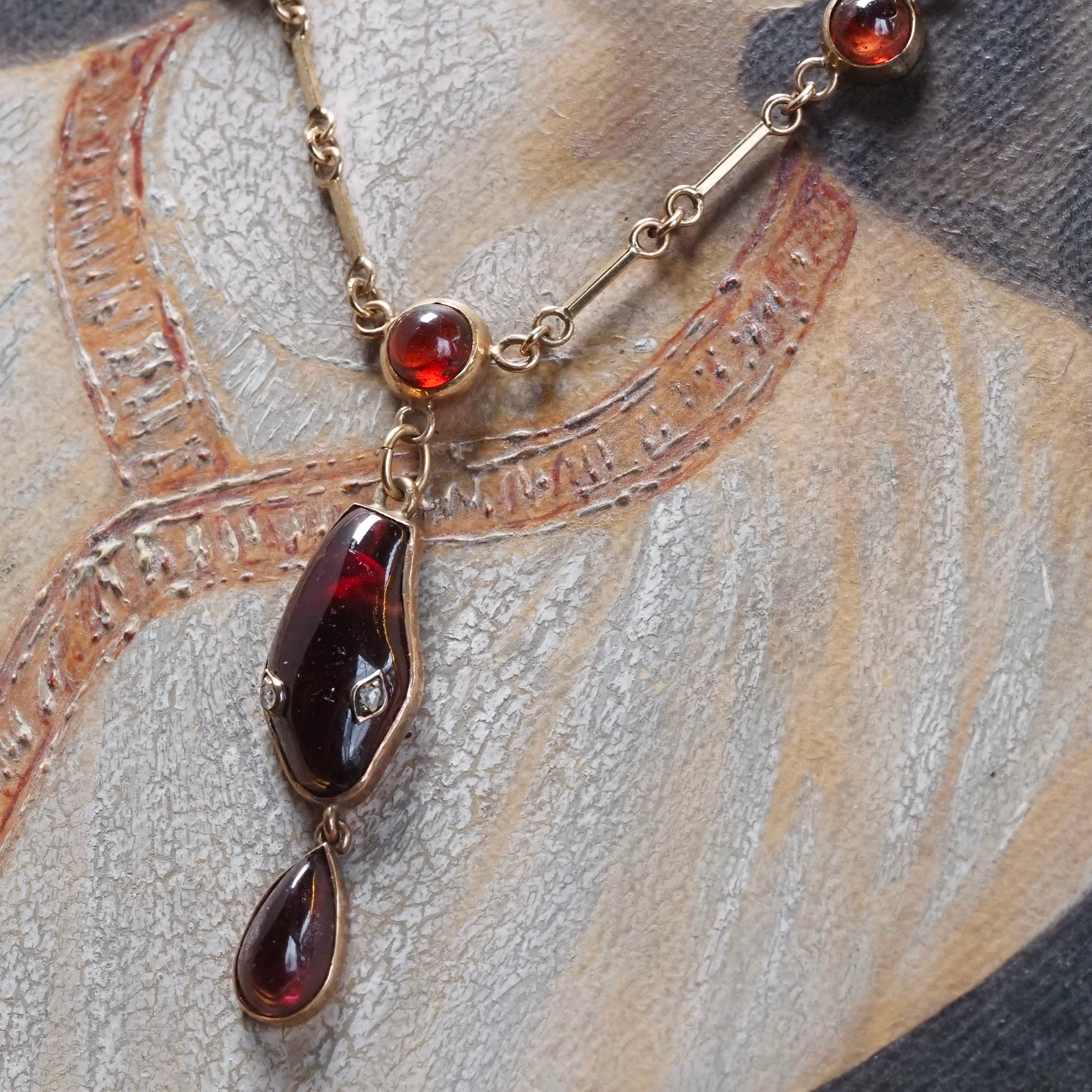 Antique Garnet Snake with Rose Cut Diamond Eyes 14k Gold Necklace