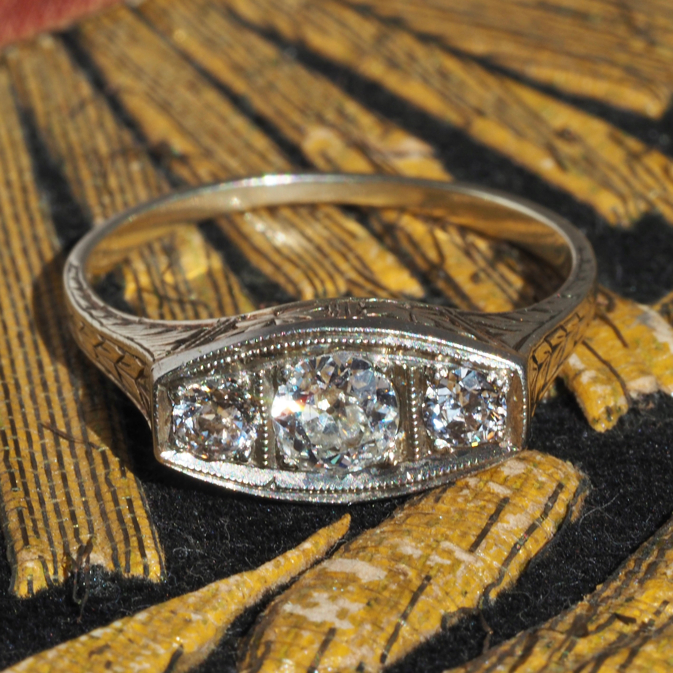 Antique Art Deco Old European Cut Diamond Trilogy 14k Gold Two Tone Engagement Ring