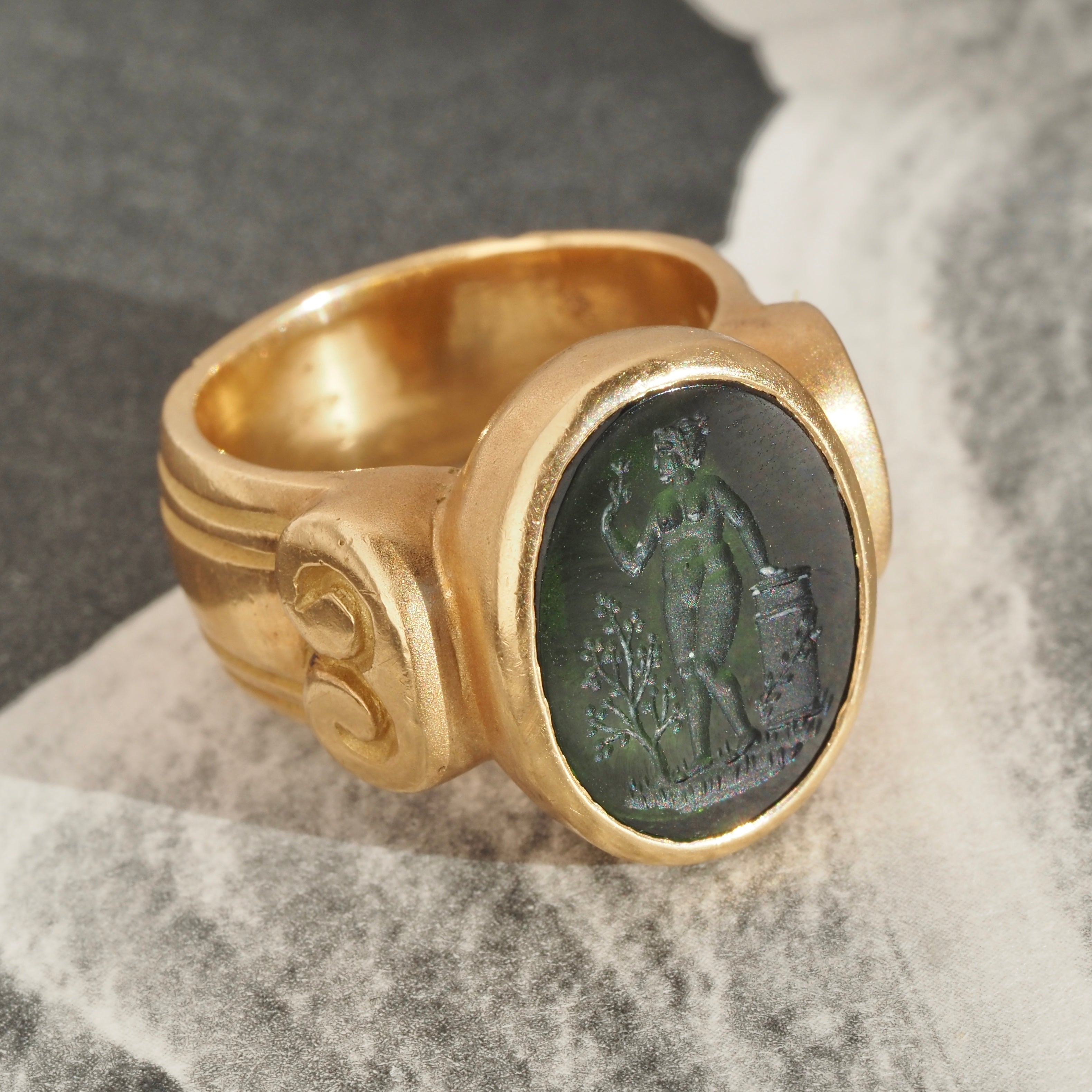 Vintage Classical Style Figurative Intaglio Green Tourmaline 18k Gold Signet Ring