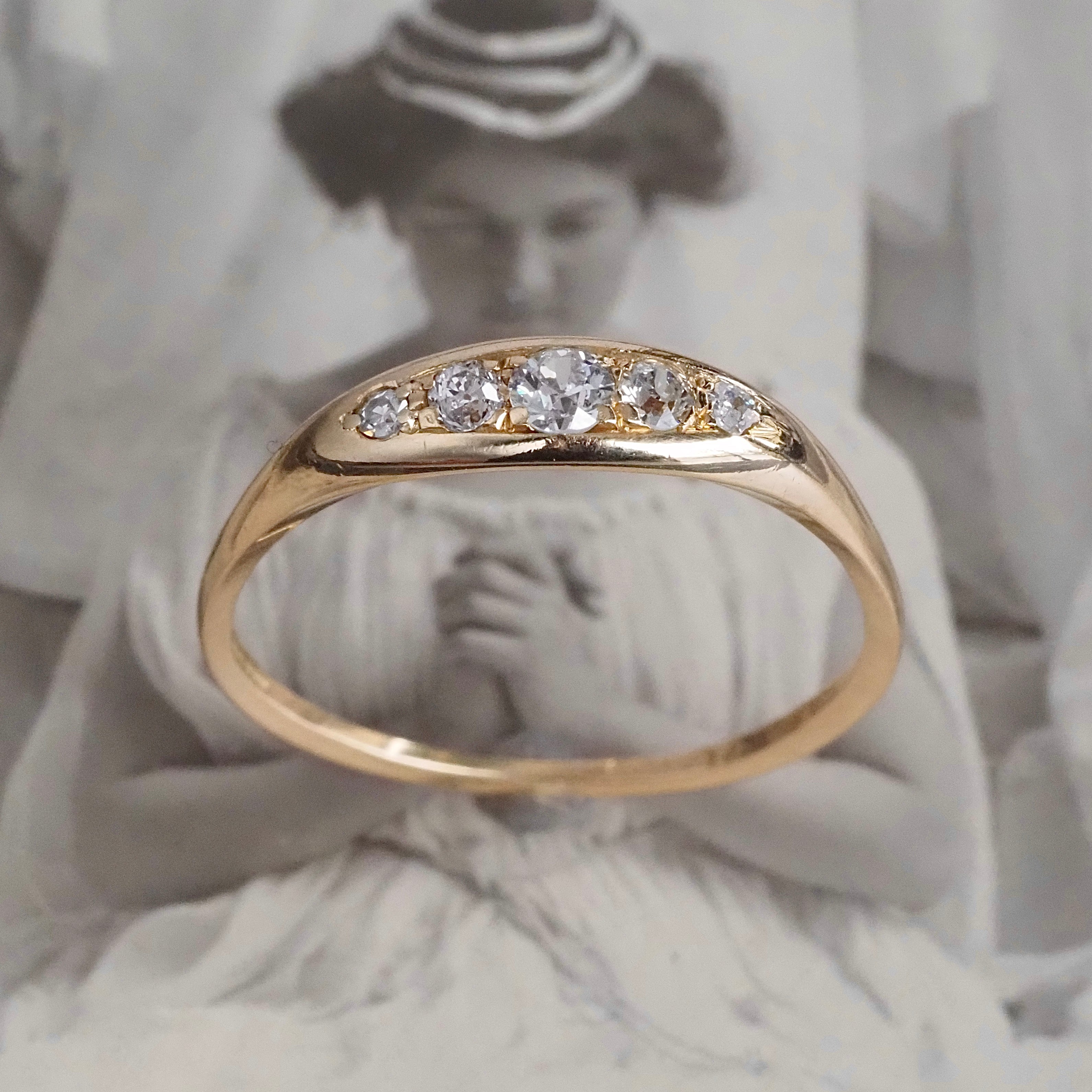 Antique English Old Mine Cut Diamond Five Stone 18k Gold Boat Ring