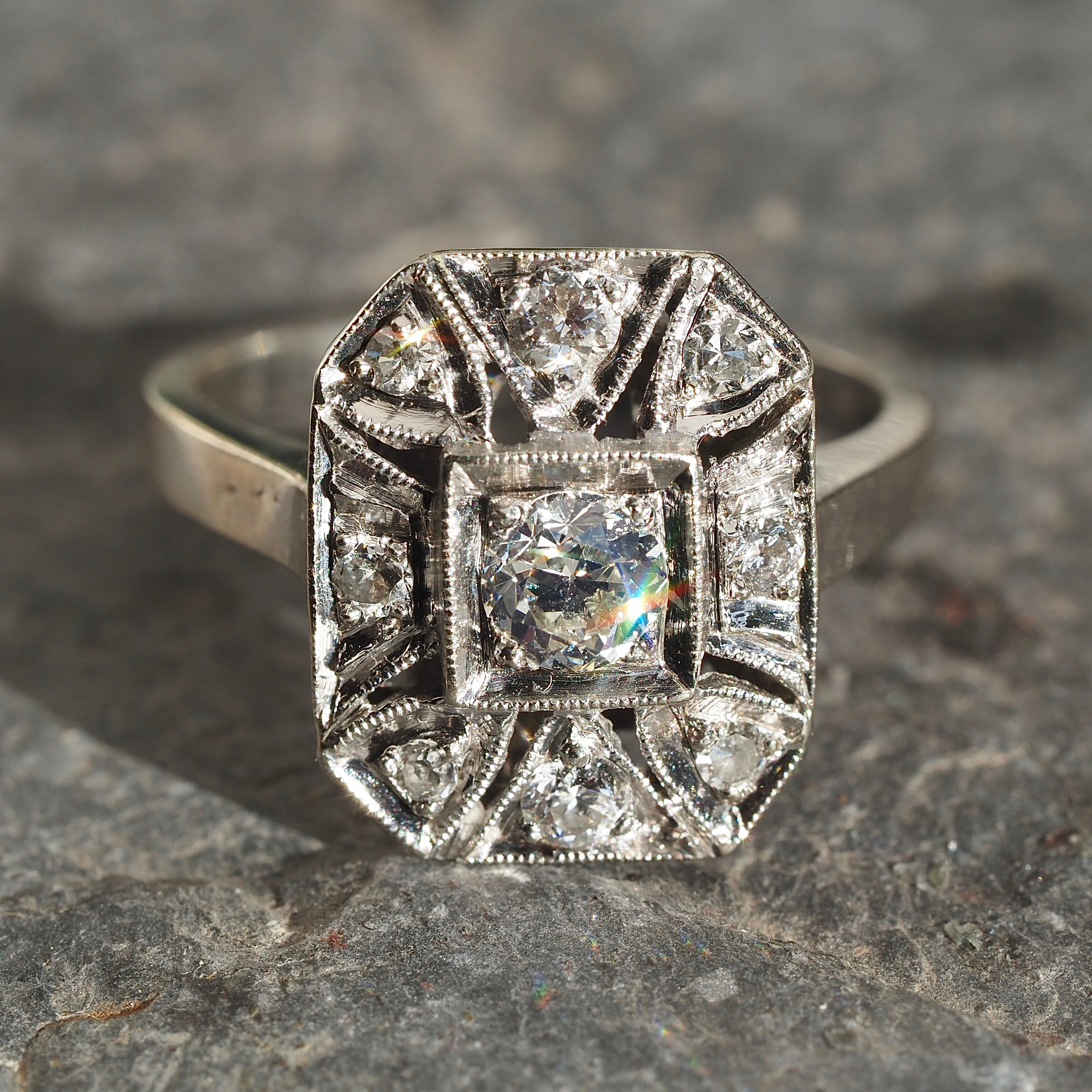 Late Art Deco Old European Cut Diamond Shield Cluster 14k White Gold Ring