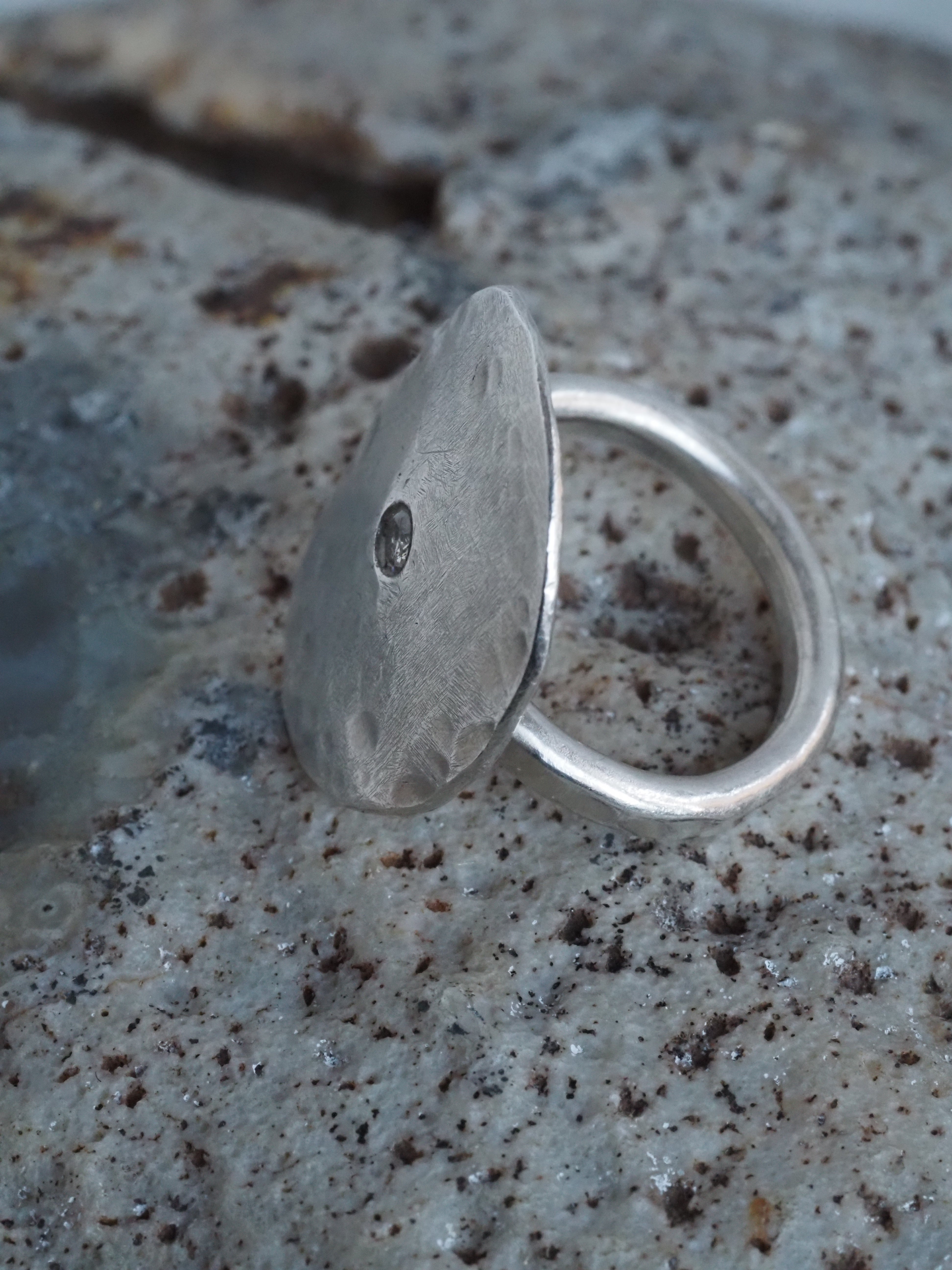 Vintage Sterling Silver Hammered Shield with diamond Ring