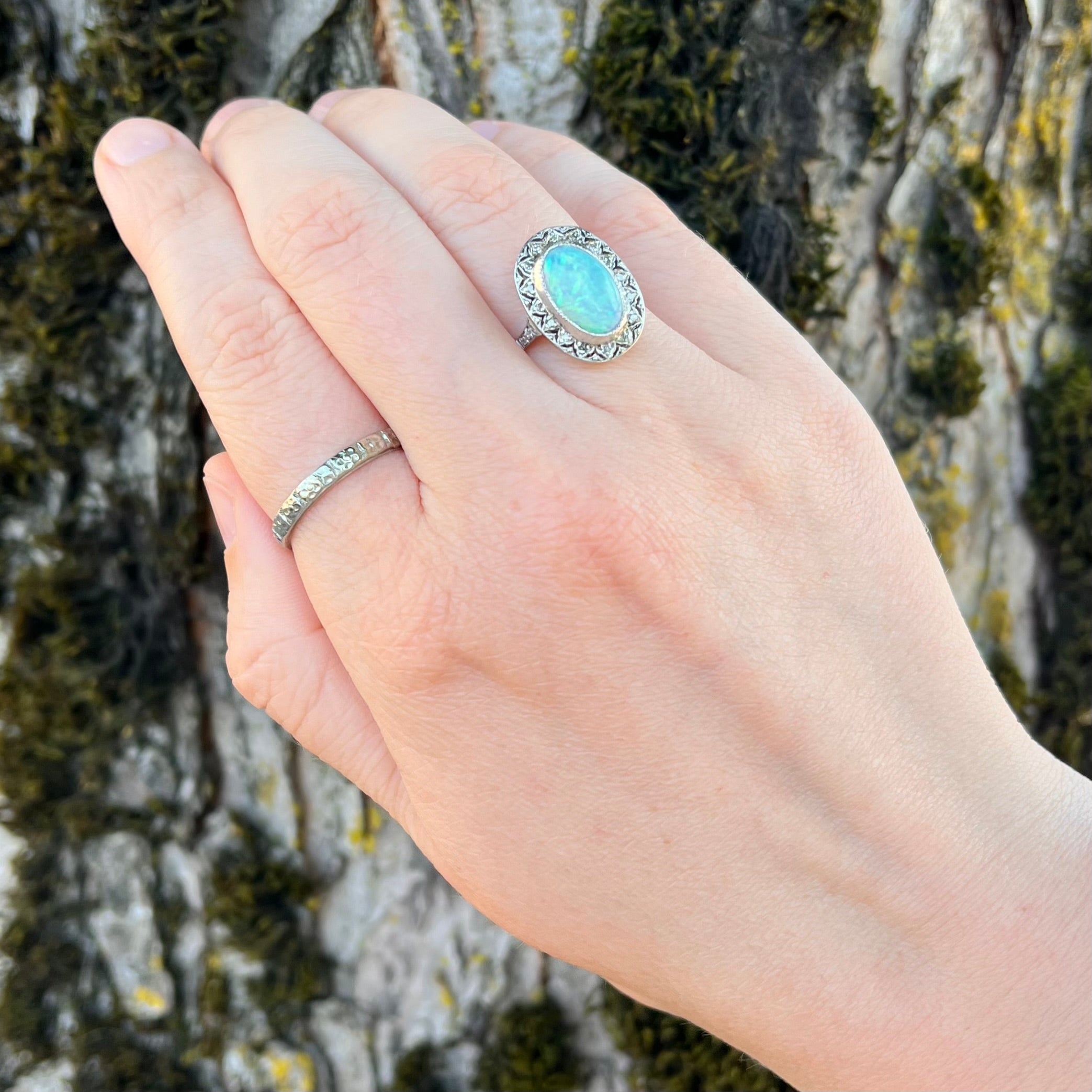 Vintage Art Deco Style Platinum Opal and Diamond Halo Ring