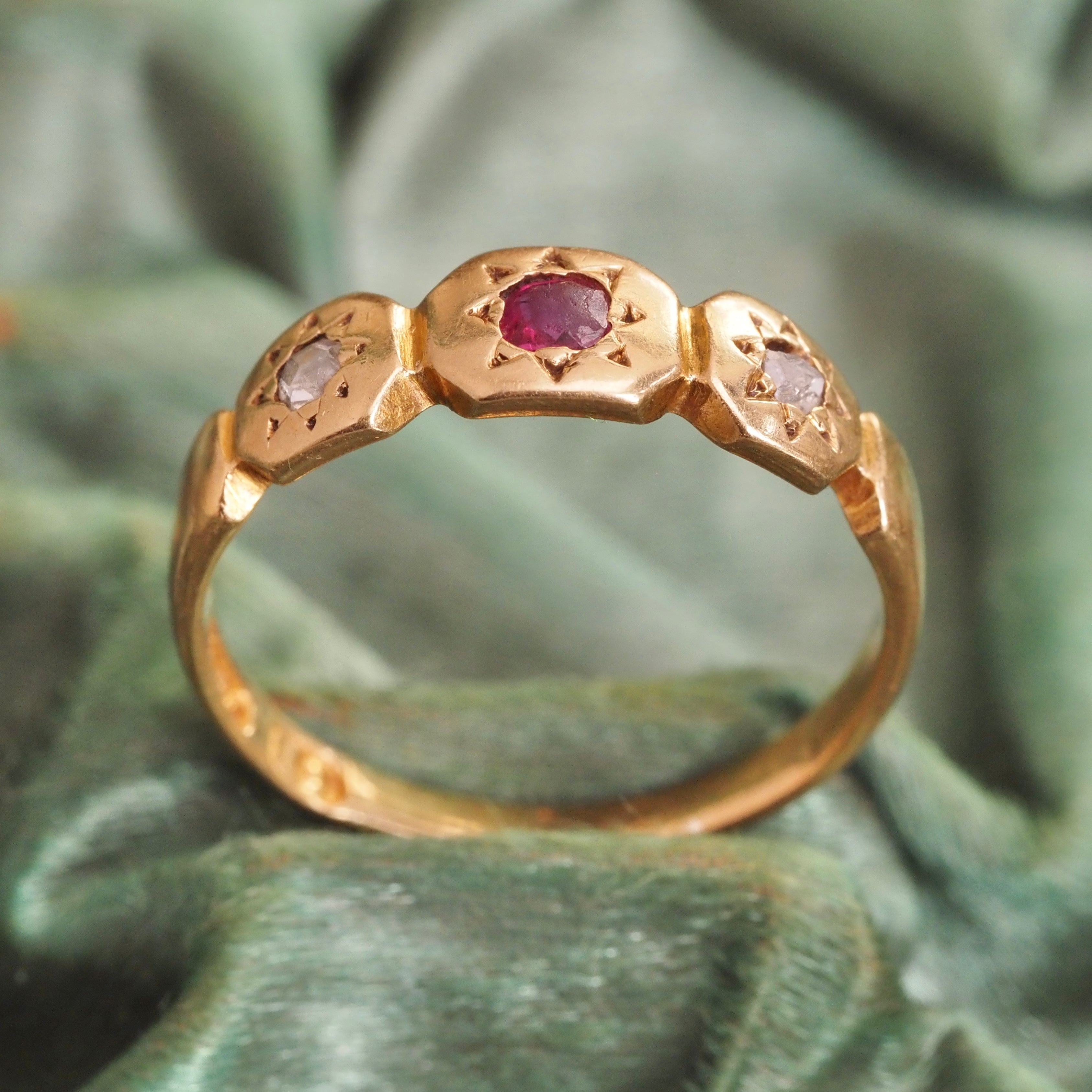 Antique English 18k Gold Ruby & Rose Cut Diamond Panel Ring