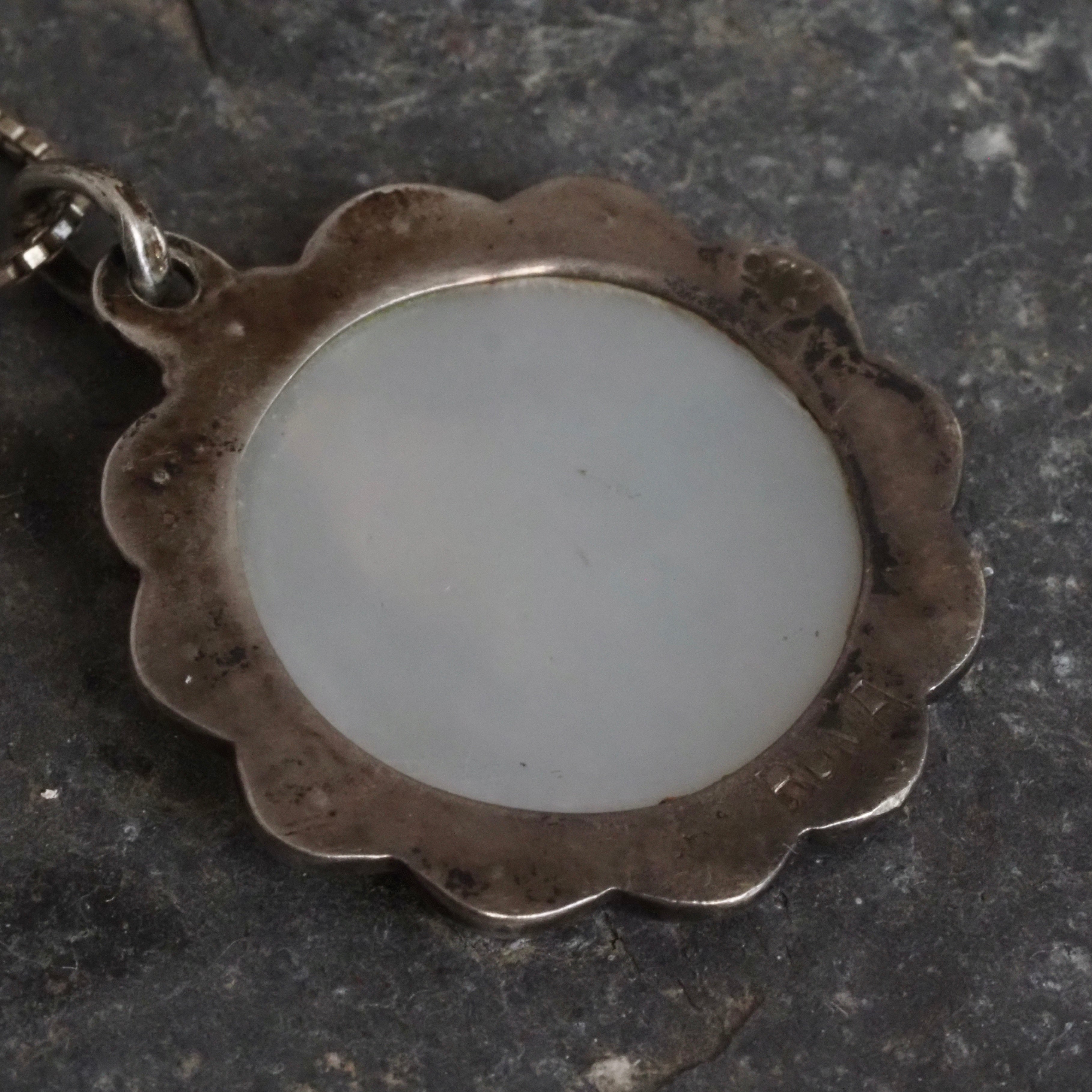 Antique Italian Mother of Pearl Mary Sterling Silver Marcasite Pendant