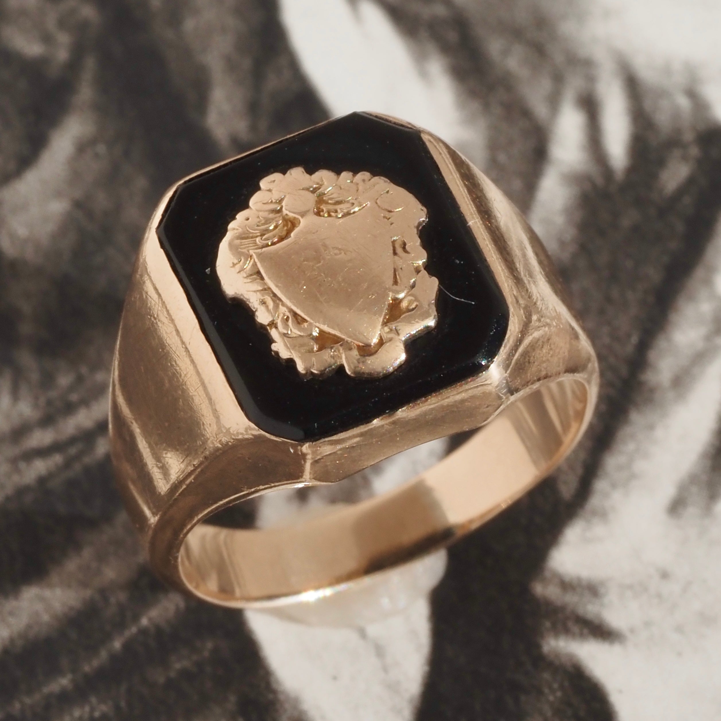 Antique Onyx Crest with Shield 10k Gold Signet Ring