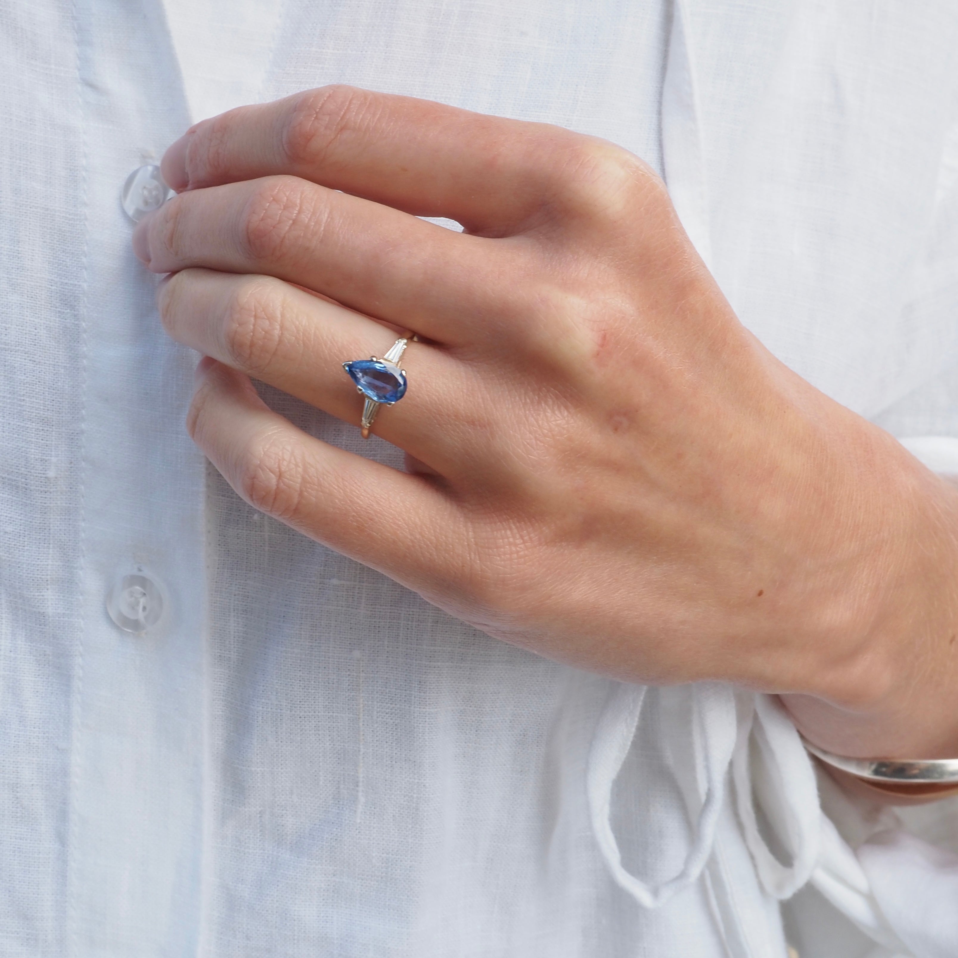 Vintage Pear Sapphire and Tapered Baguette Diamond 14k Gold Ring
