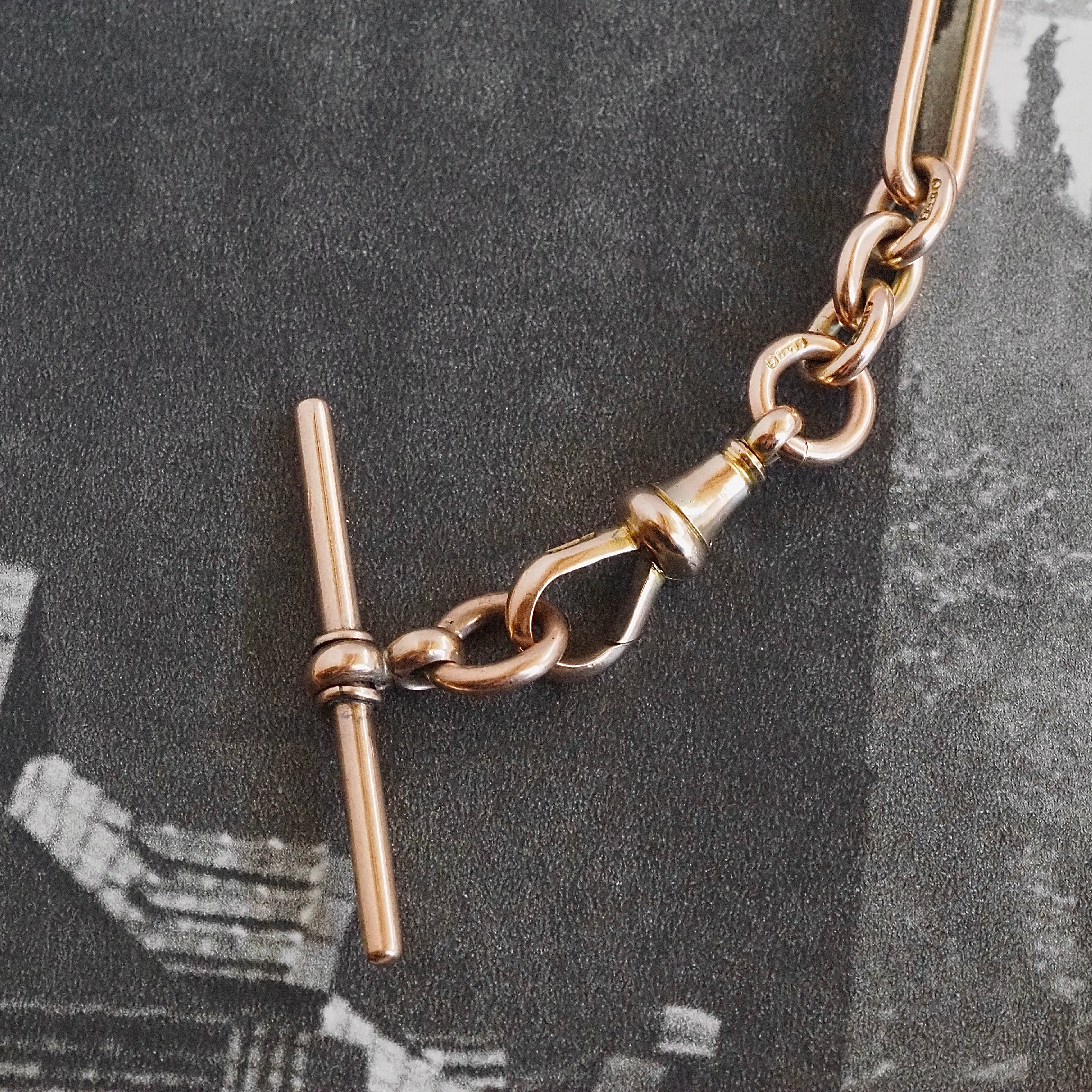 Antique c. 1901 English 9k Gold Trombone Link Albert Watch Chain Necklace with T-Bar and Dog Clips