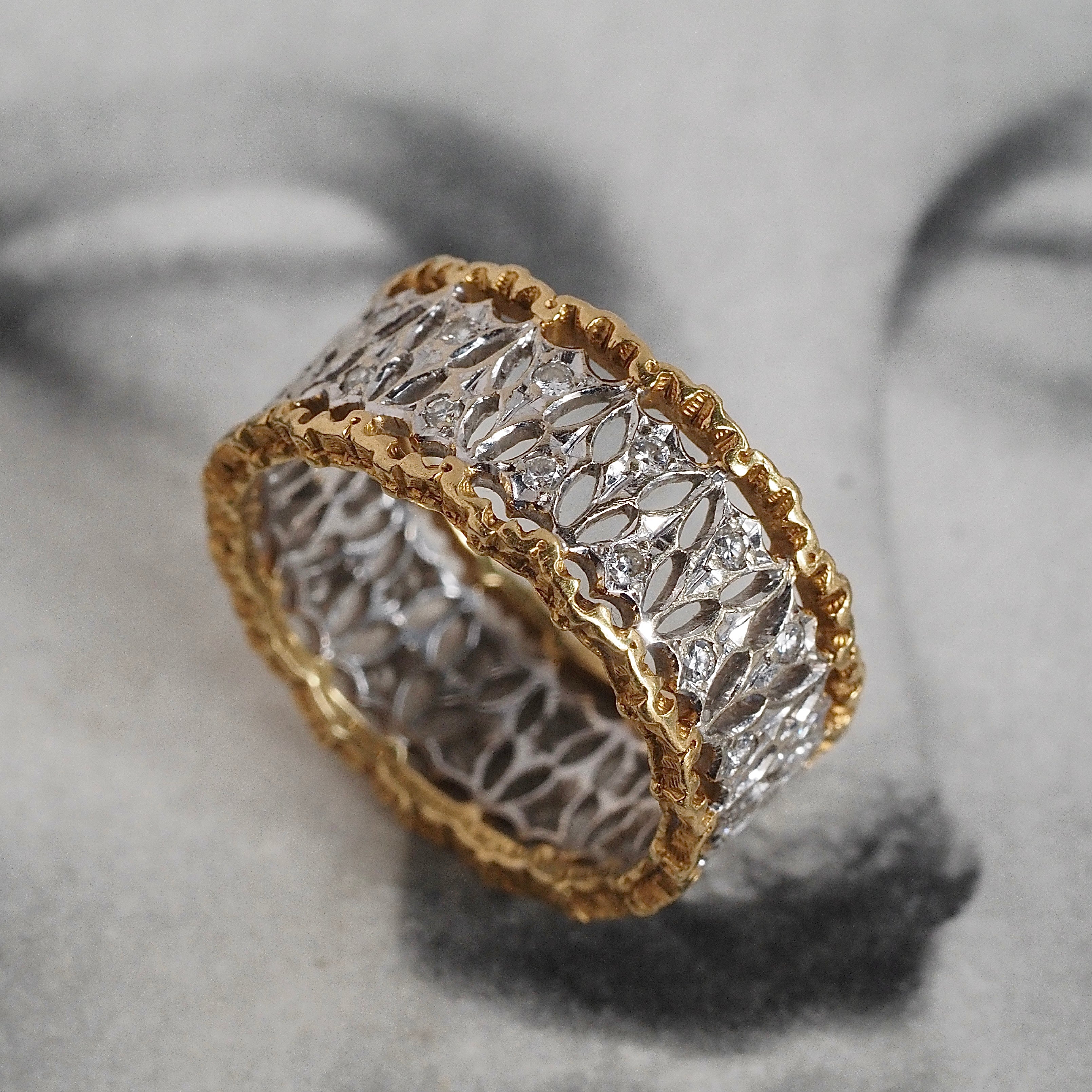 Vintage Italian 18k White and Yellow Gold Diamond Wide Lattice Open Work Band