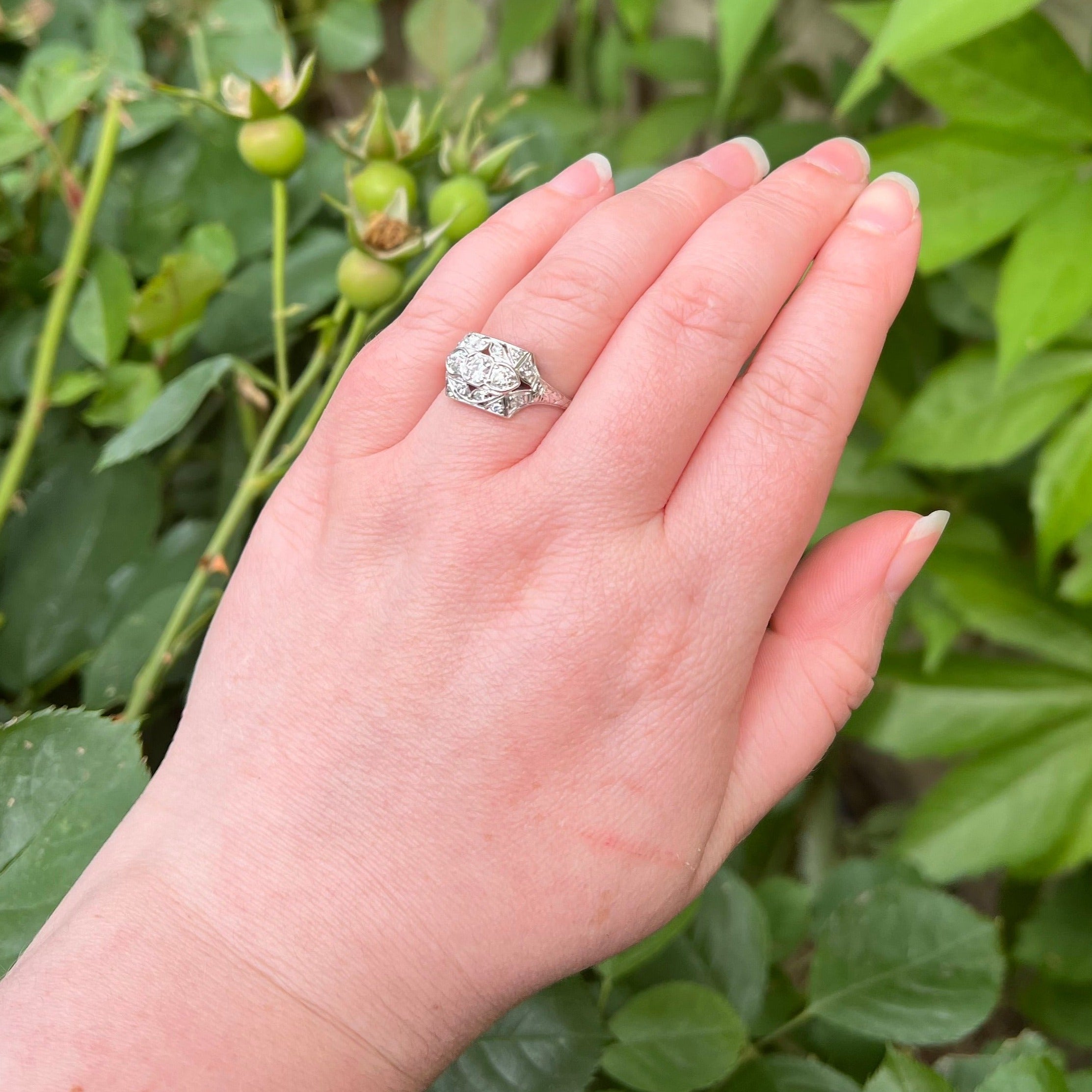 Antique Art Deco 18k White Gold Old Mine Cut Trilogy Ring