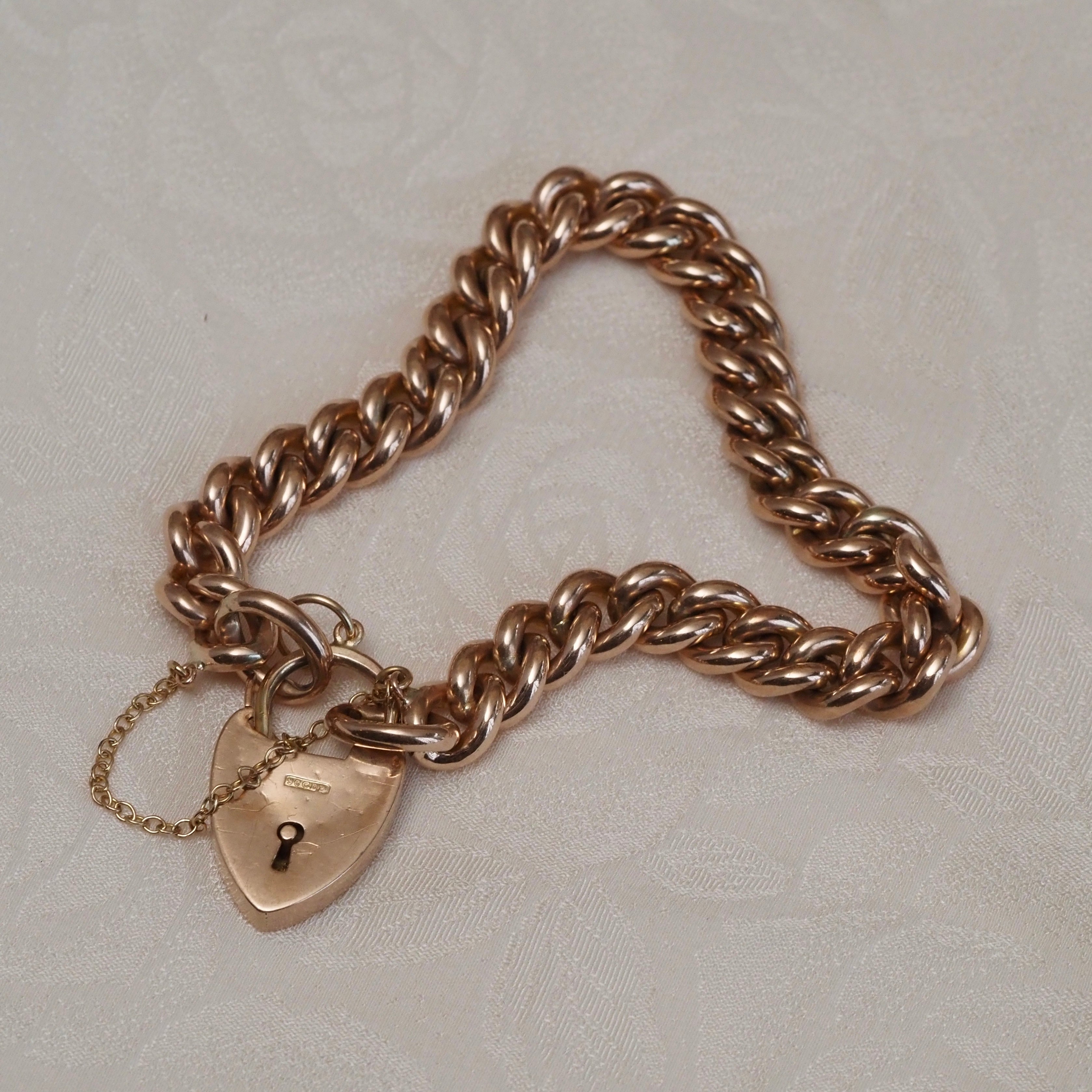 Antique Victorian English Removable Padlock Charm Curb Link Chain 9k Gold Bracelet