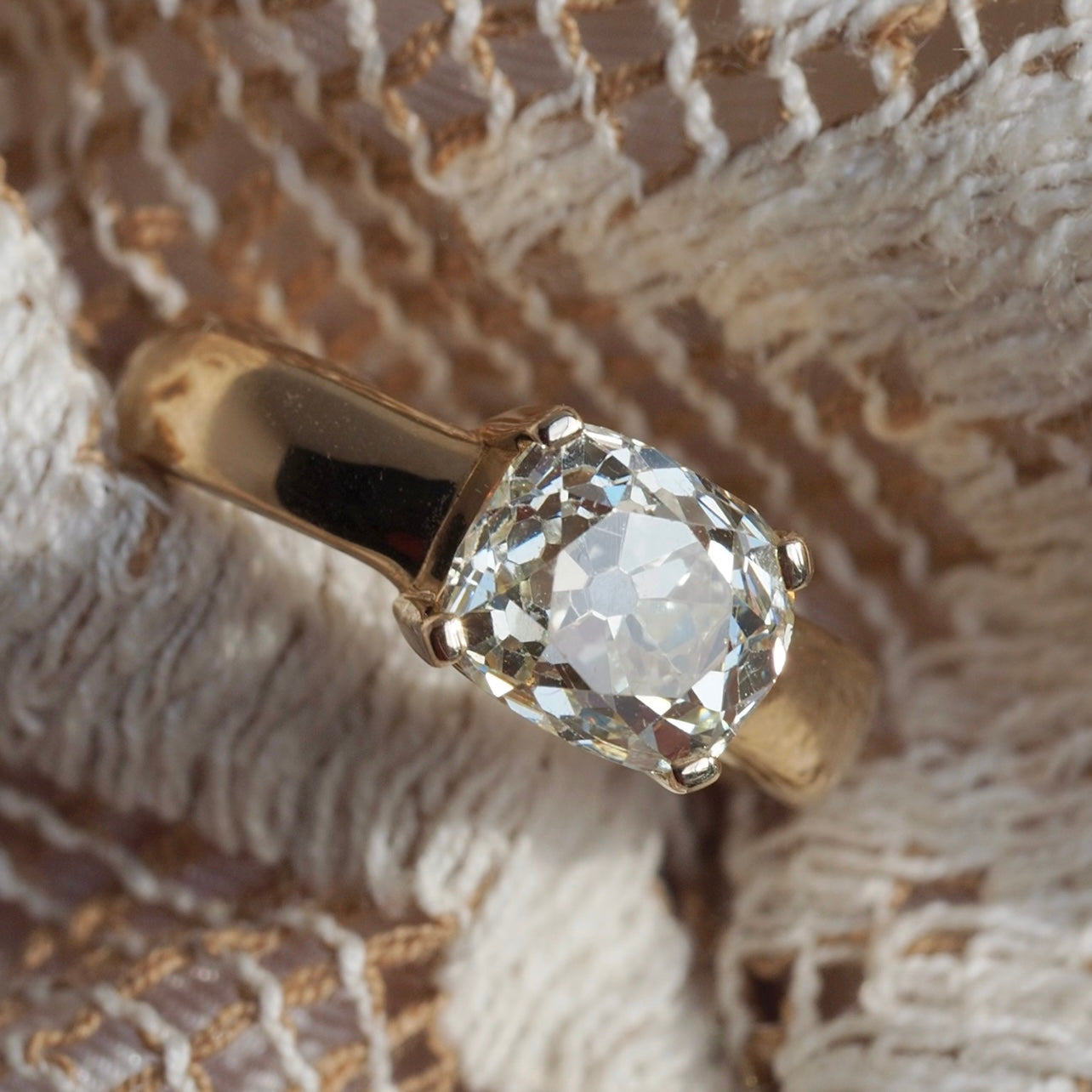 Antique 1.62ct Old Mine Cut Cushion Diamond in 14k Gold Engagement Ring