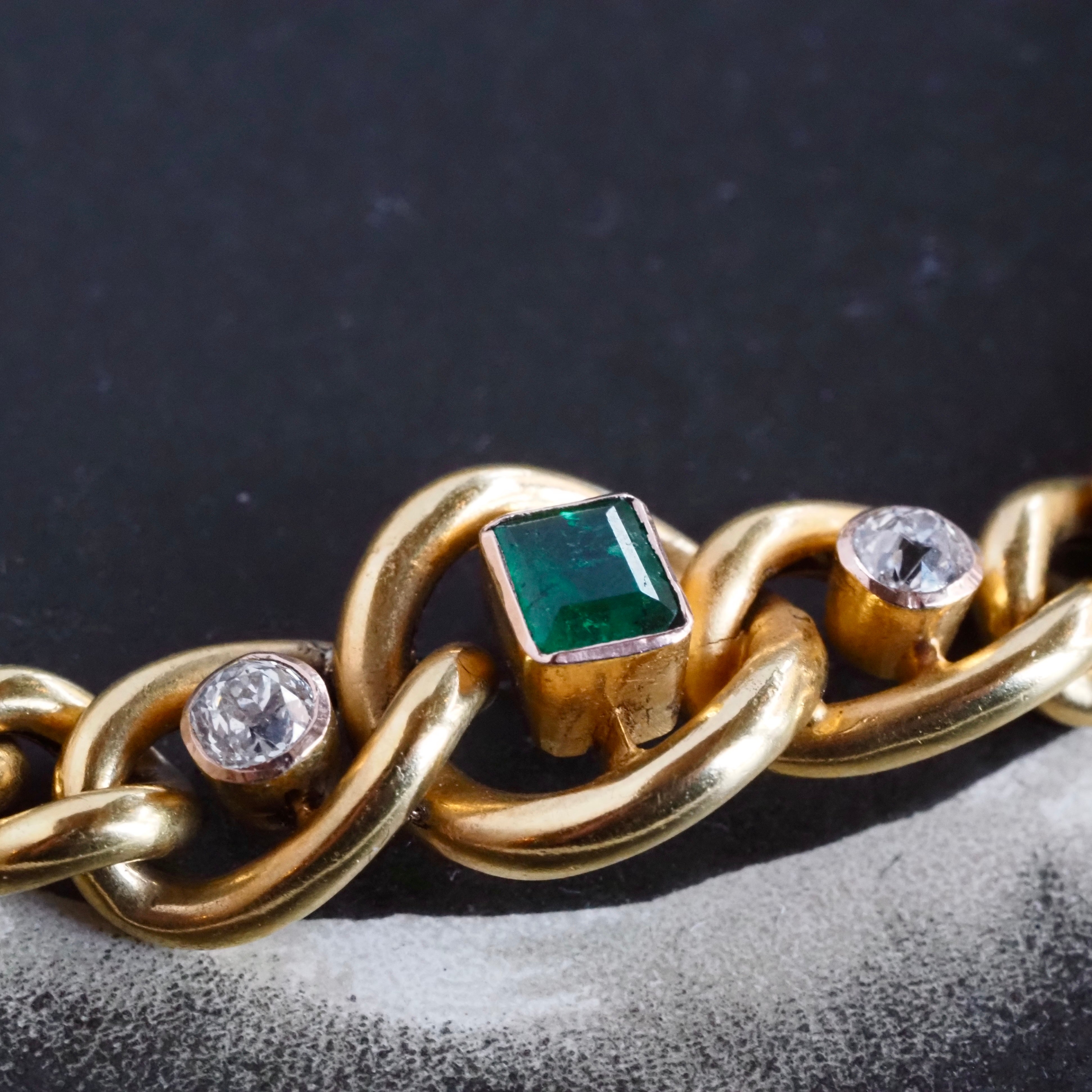 Antique Emerald and Diamond 14k Gold Bloomed Curb Chain Bracelet