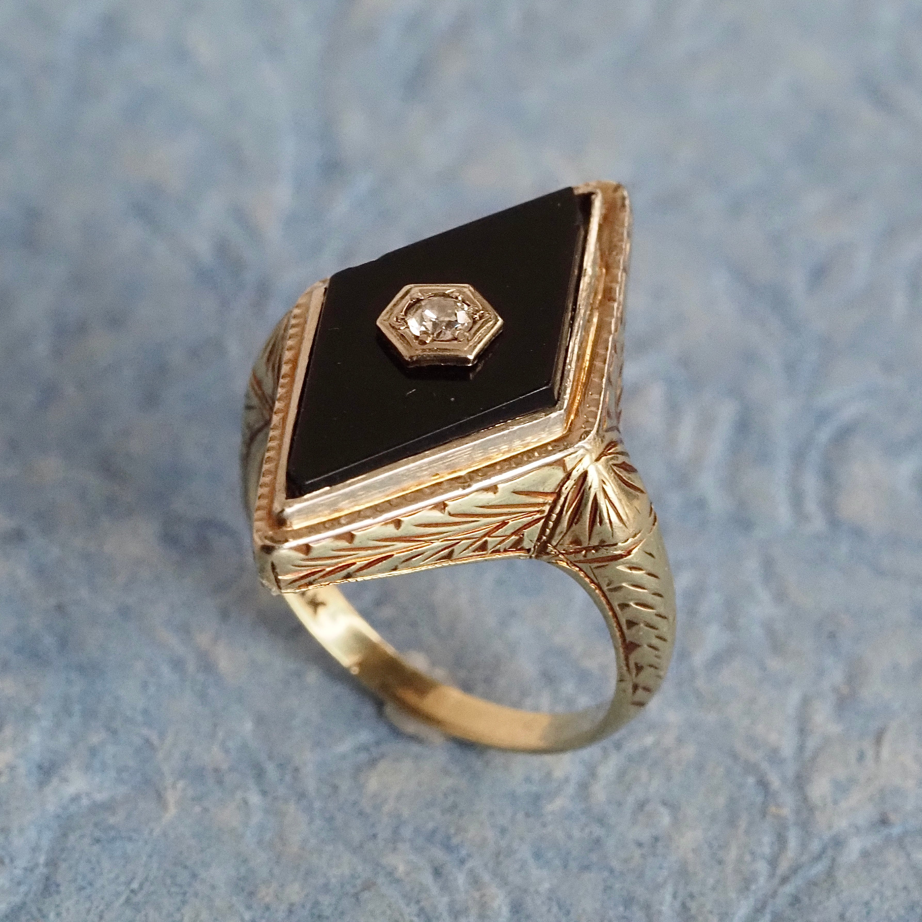 Art Deco Onyx Diamond 14k White Gold Ring