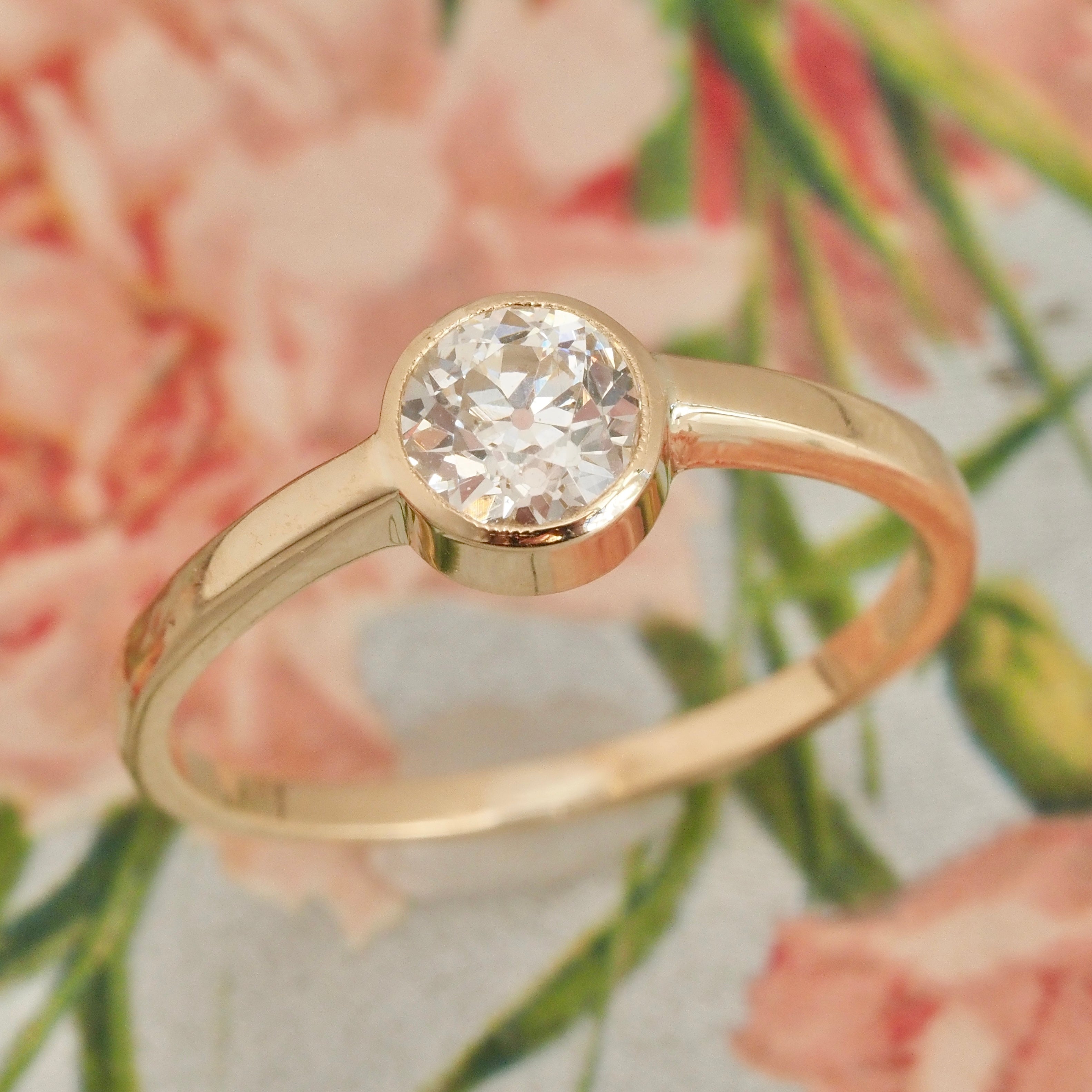 Vintage Bezel Set Old European Cut Diamond 14k Gold Solitaire Ring