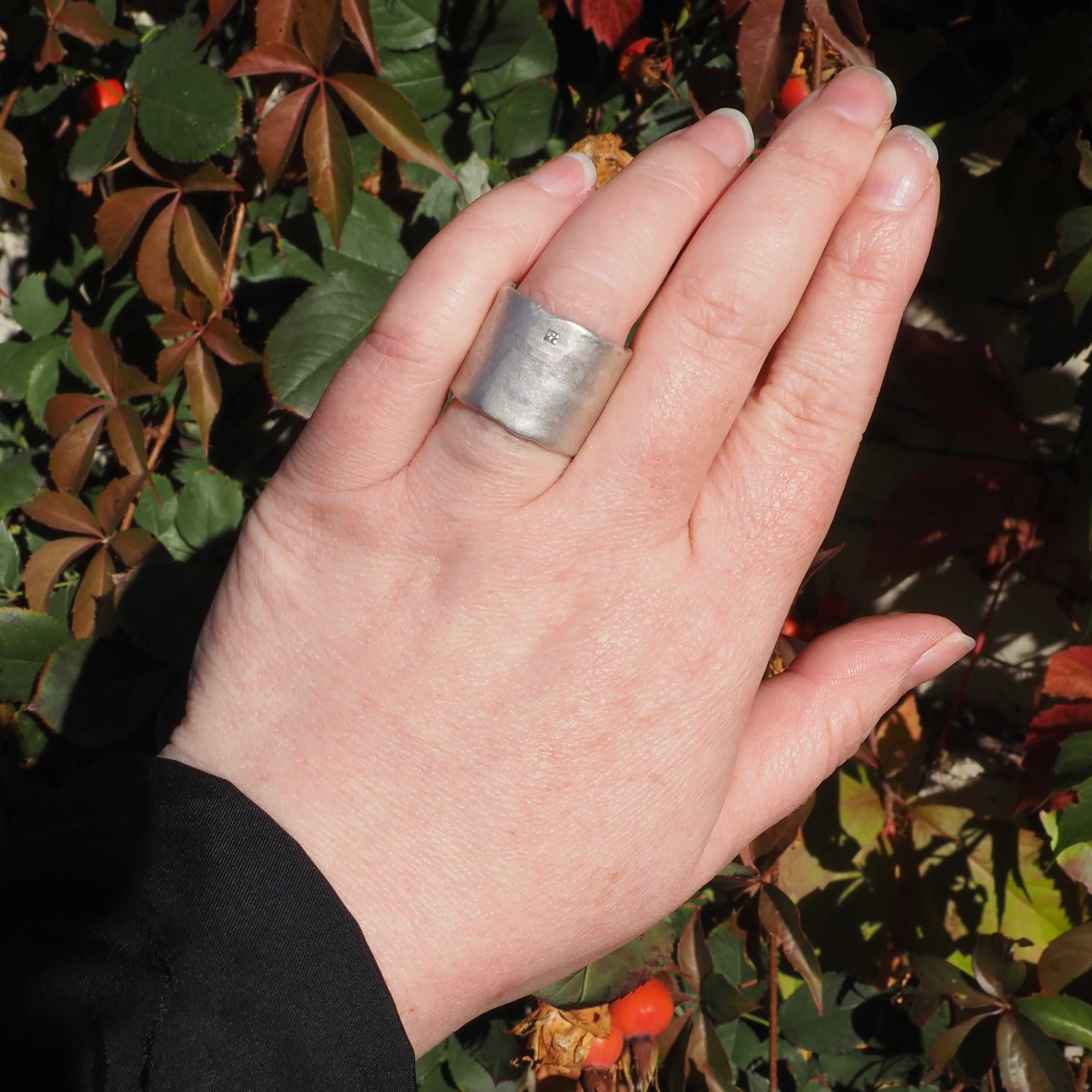 Sterling Silver Wide Organic Band With Diamond