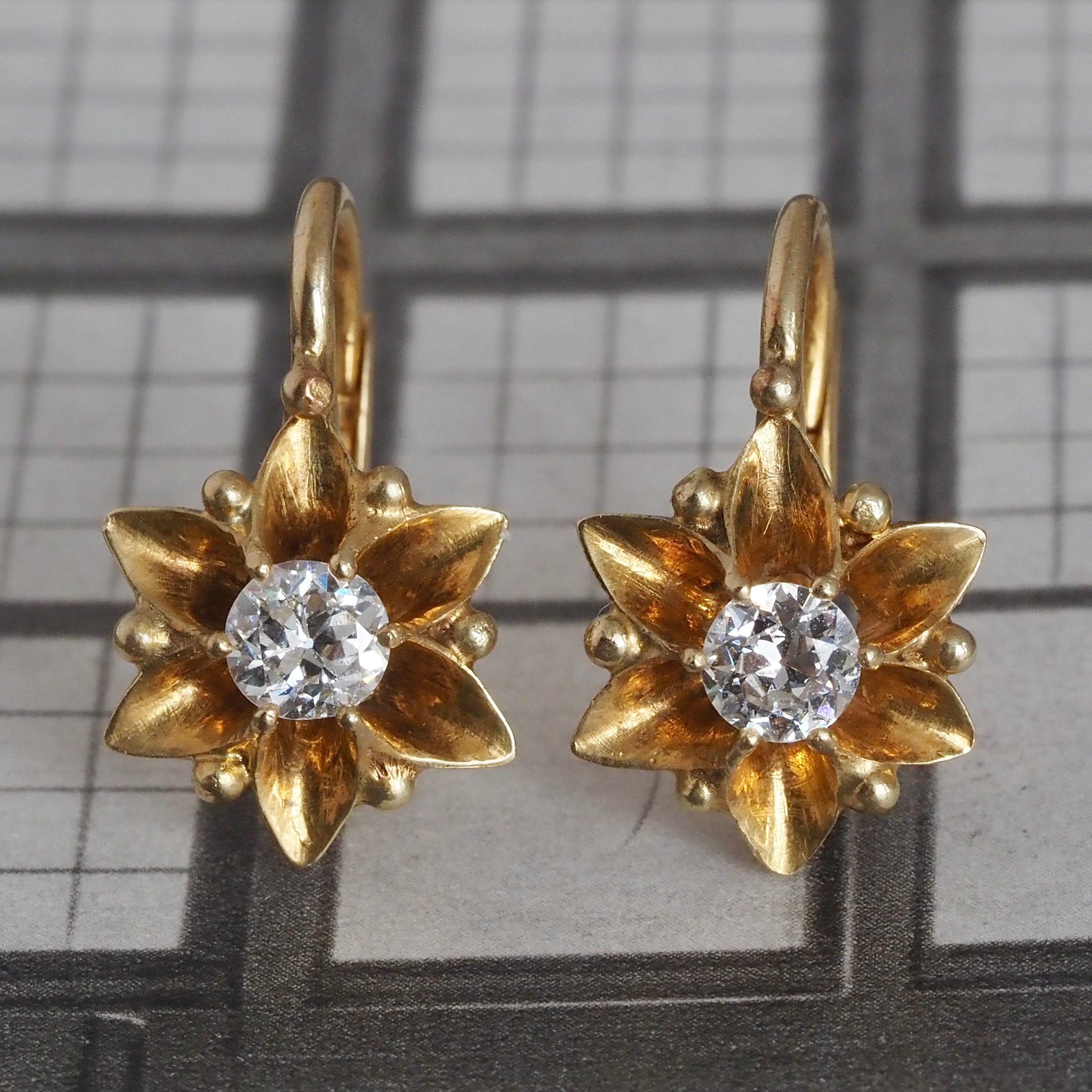 Antique Old European Cut Diamond Flower/Snowflake Hingeback 18k Gold Earrings