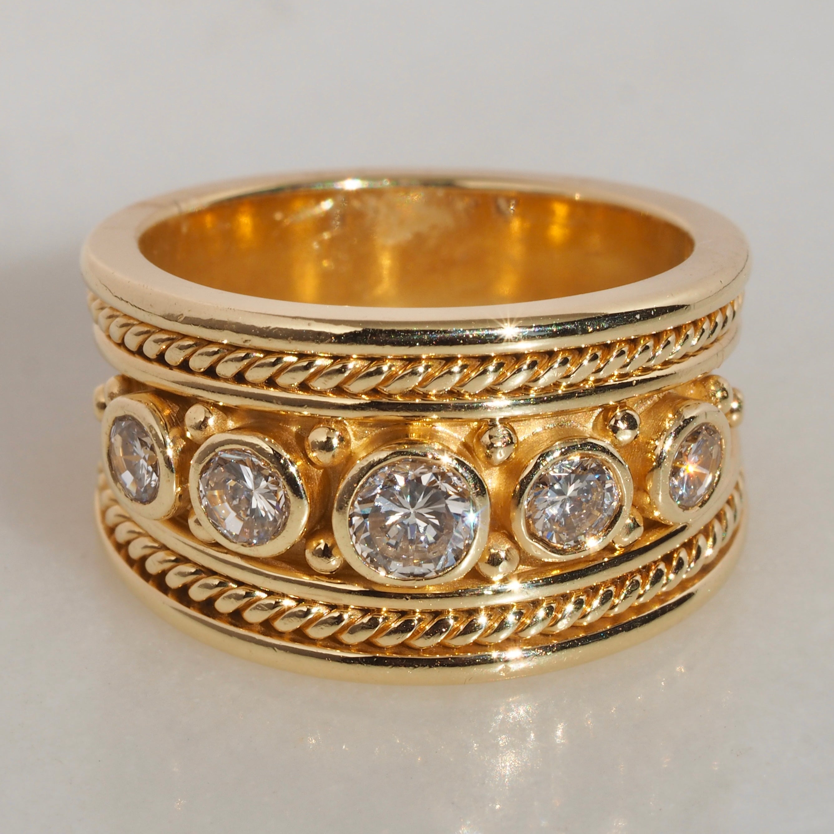 Vintage Byzantine Revival 18k Gold Five Stone Diamond Ring