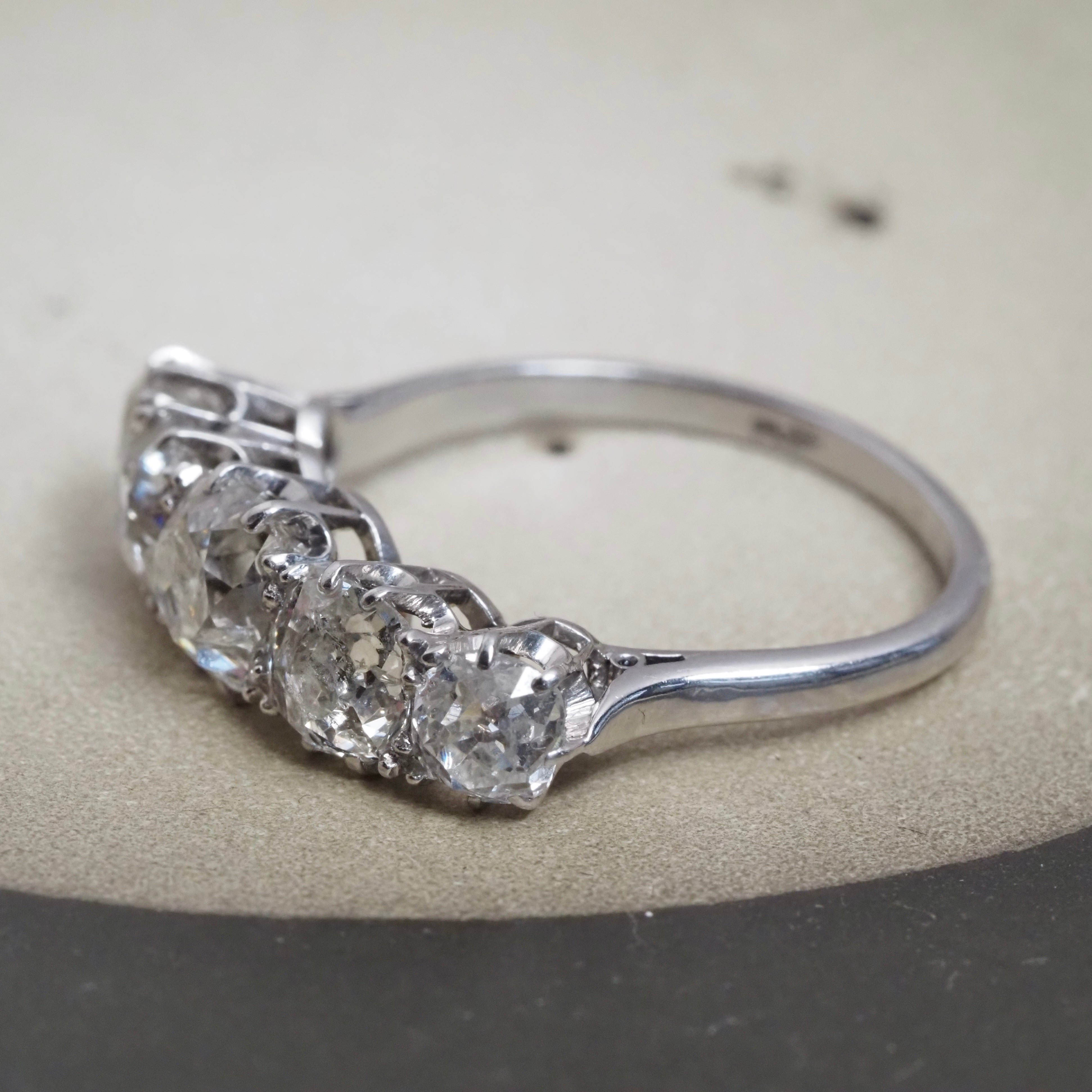 Antique Platinum 3.34ctw Five Stone Old Mine Cut Diamond Ring