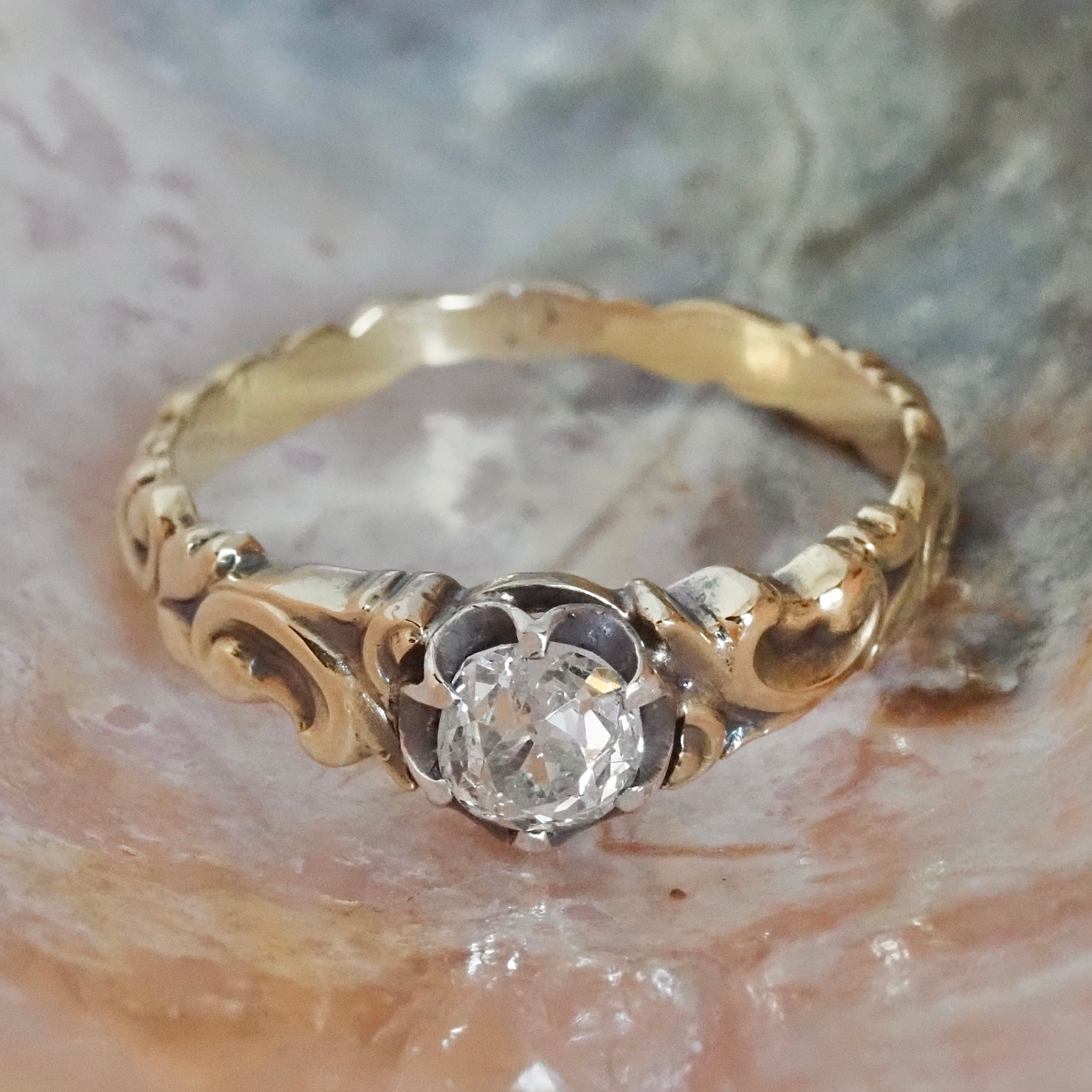 Antique Victorian Old Mine Cut Diamond 9k Gold Sterling Silver Engagement Ring