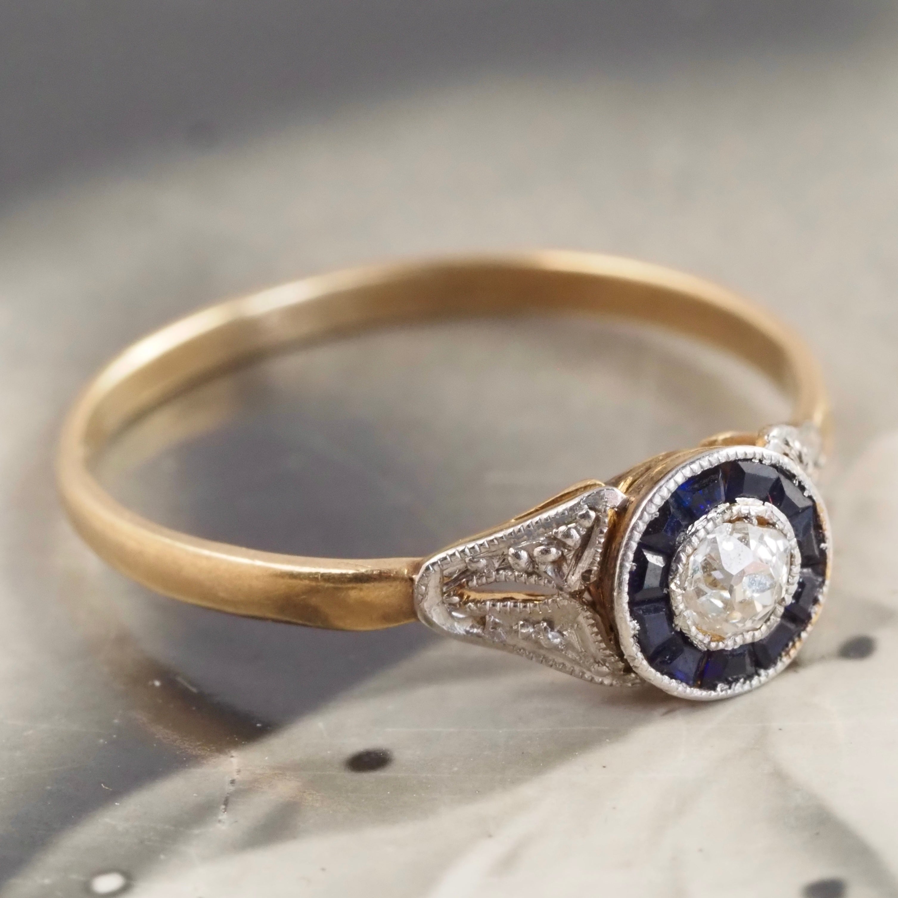 Early Art Deco Sapphire Old Mine Cut Diamond Bullseye 18k Gold Ring