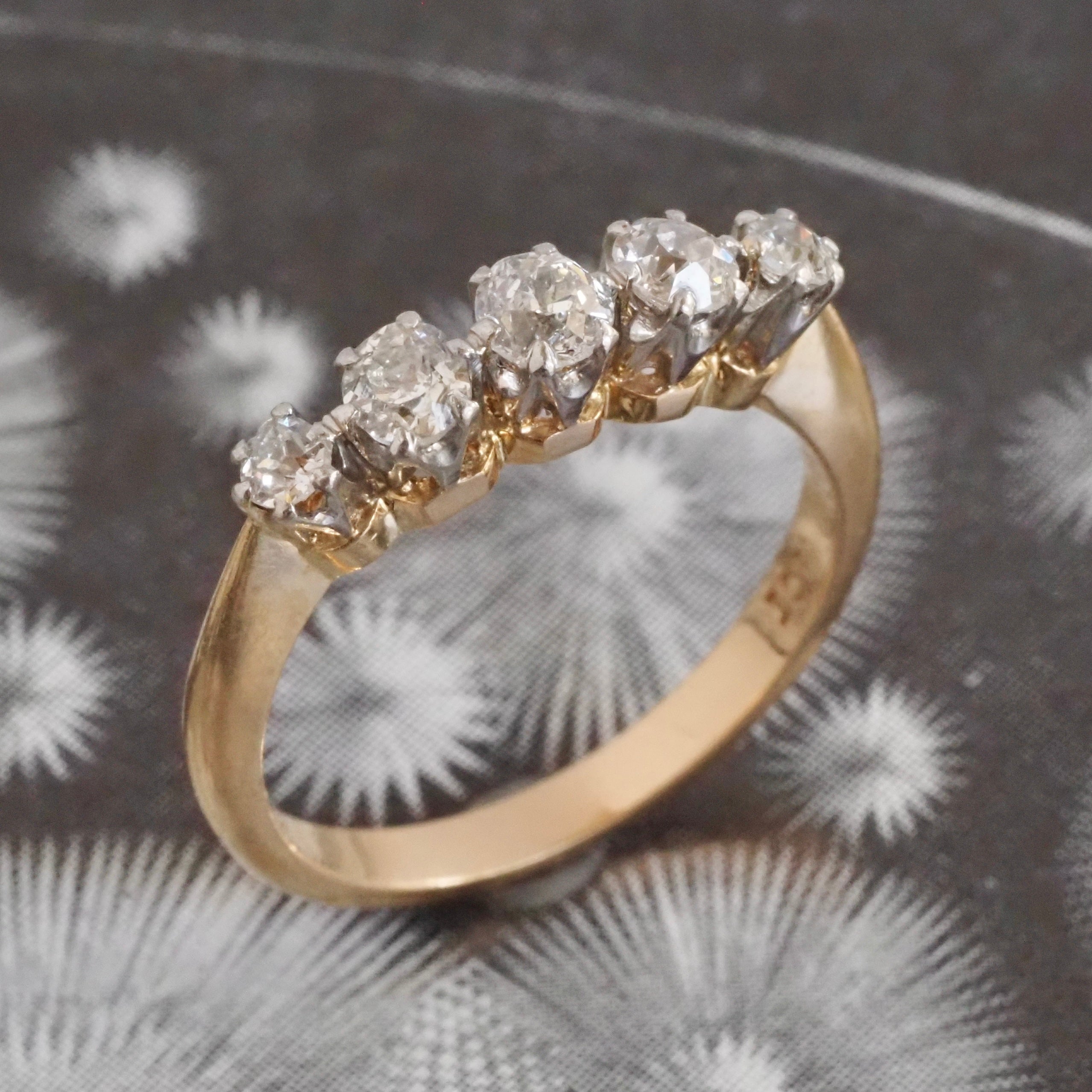 Vintage English Old Mine Cut Diamond Five Stone 18k Gold & Platinum Ring