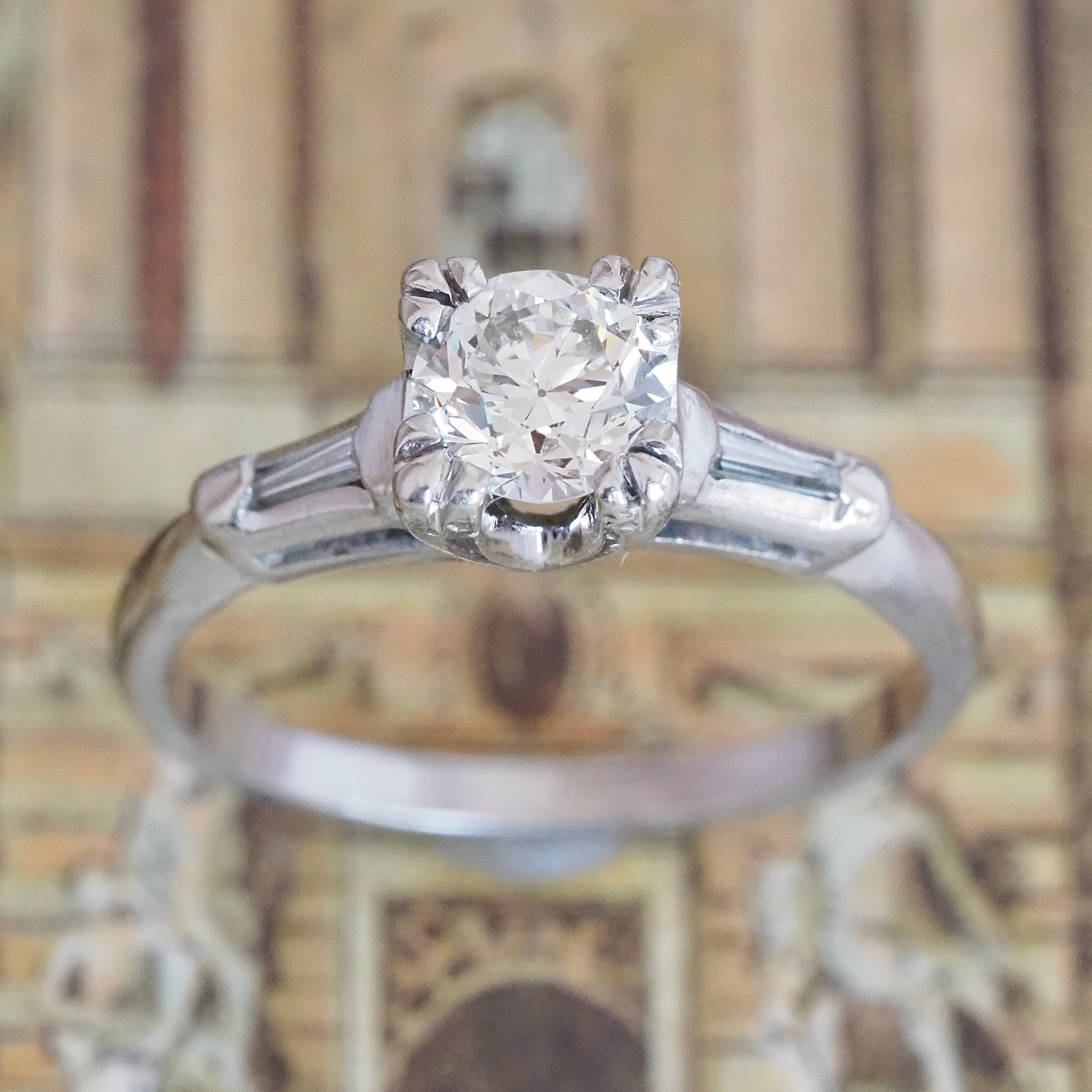 Vintage 14k White Gold Old European Cut Diamond and Tapered Baguette Solitaire