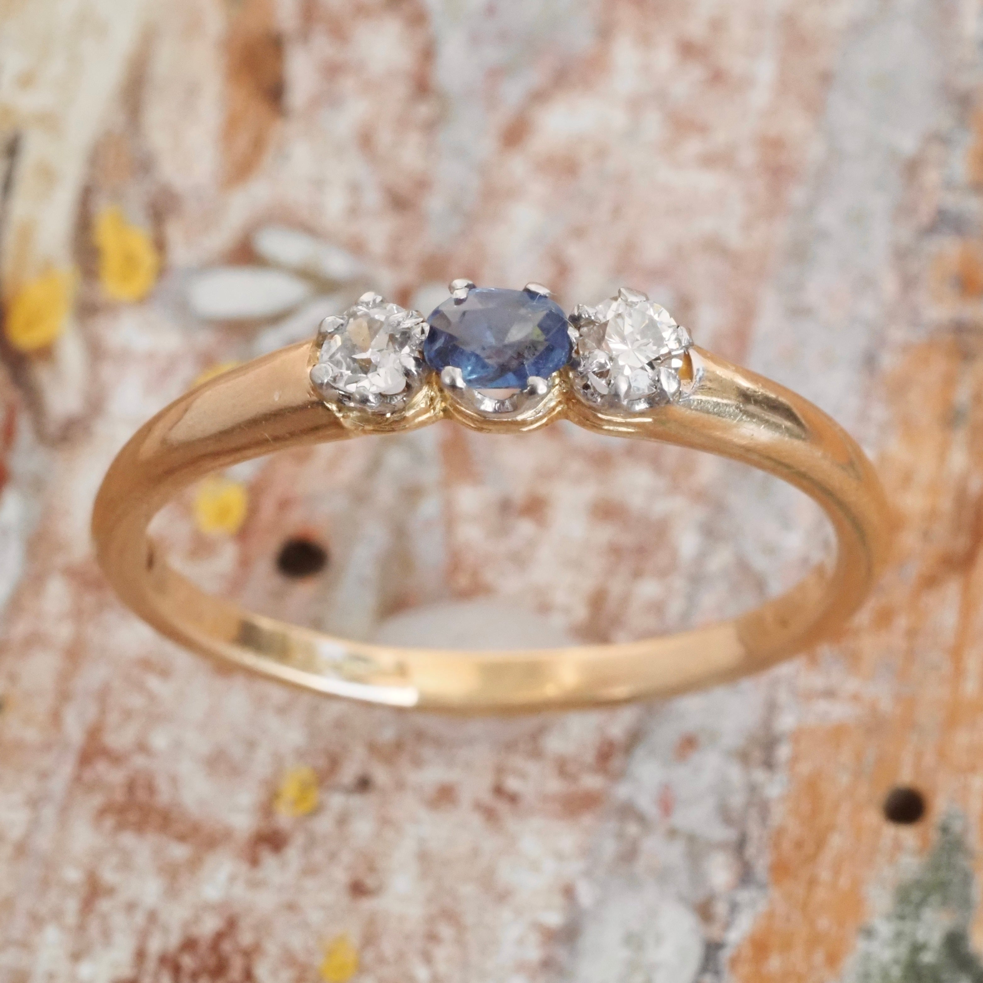 Antique English 18k Gold Natural Sapphire and Diamond Trilogy Ring