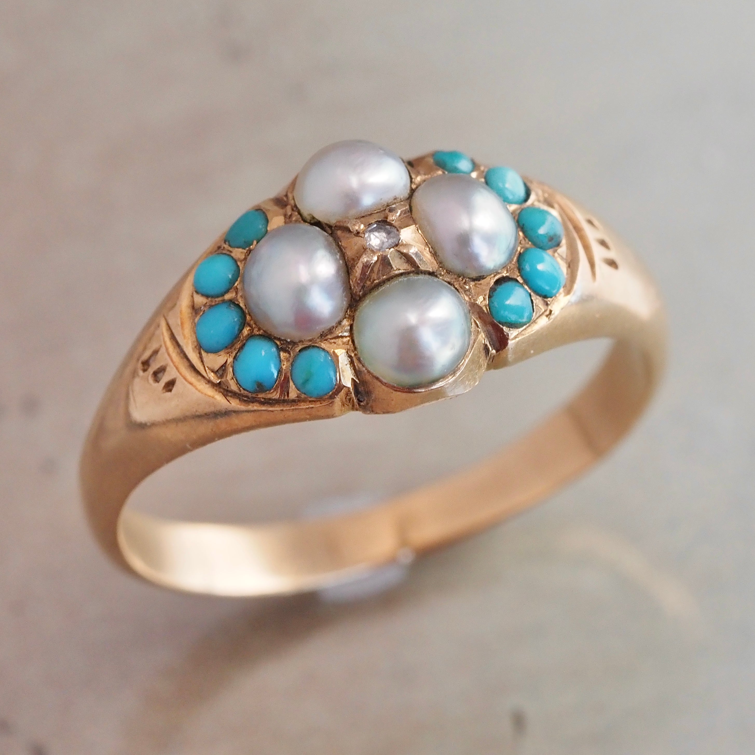 Antique Victorian English 18k Gold Rose Cut Diamond, Natural Pearls and Turquoise Ring