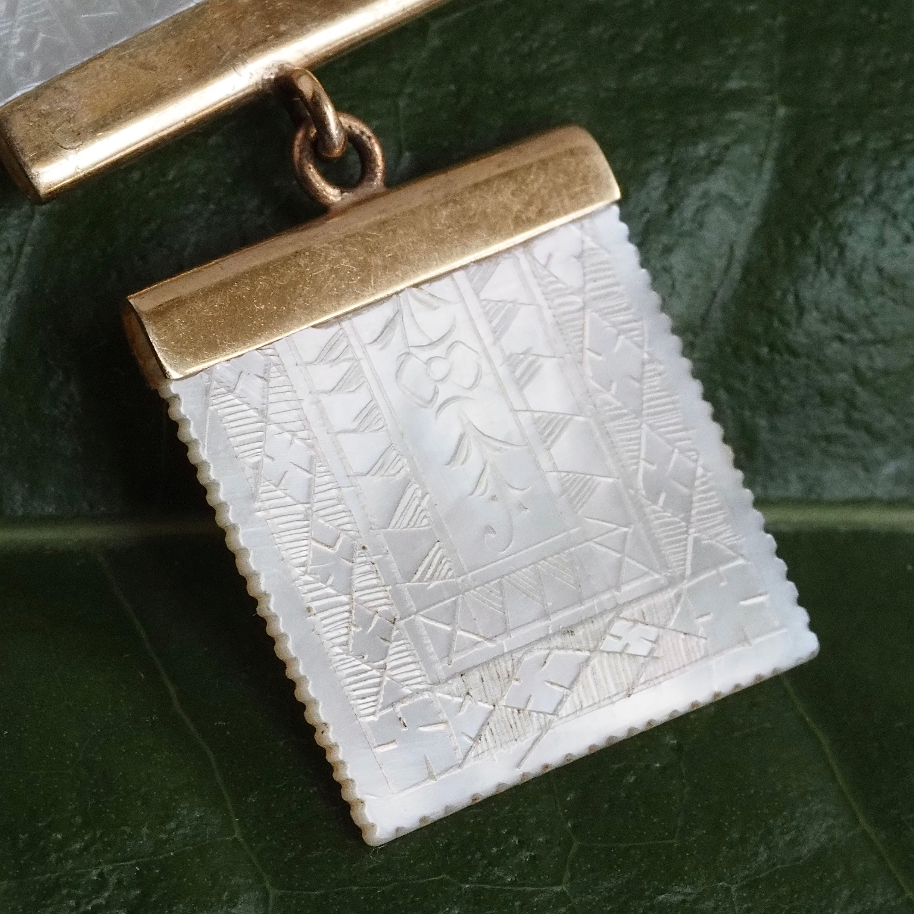 Antique Chinese Mother of Pearl Gambling Chip 14k Gold Earrings