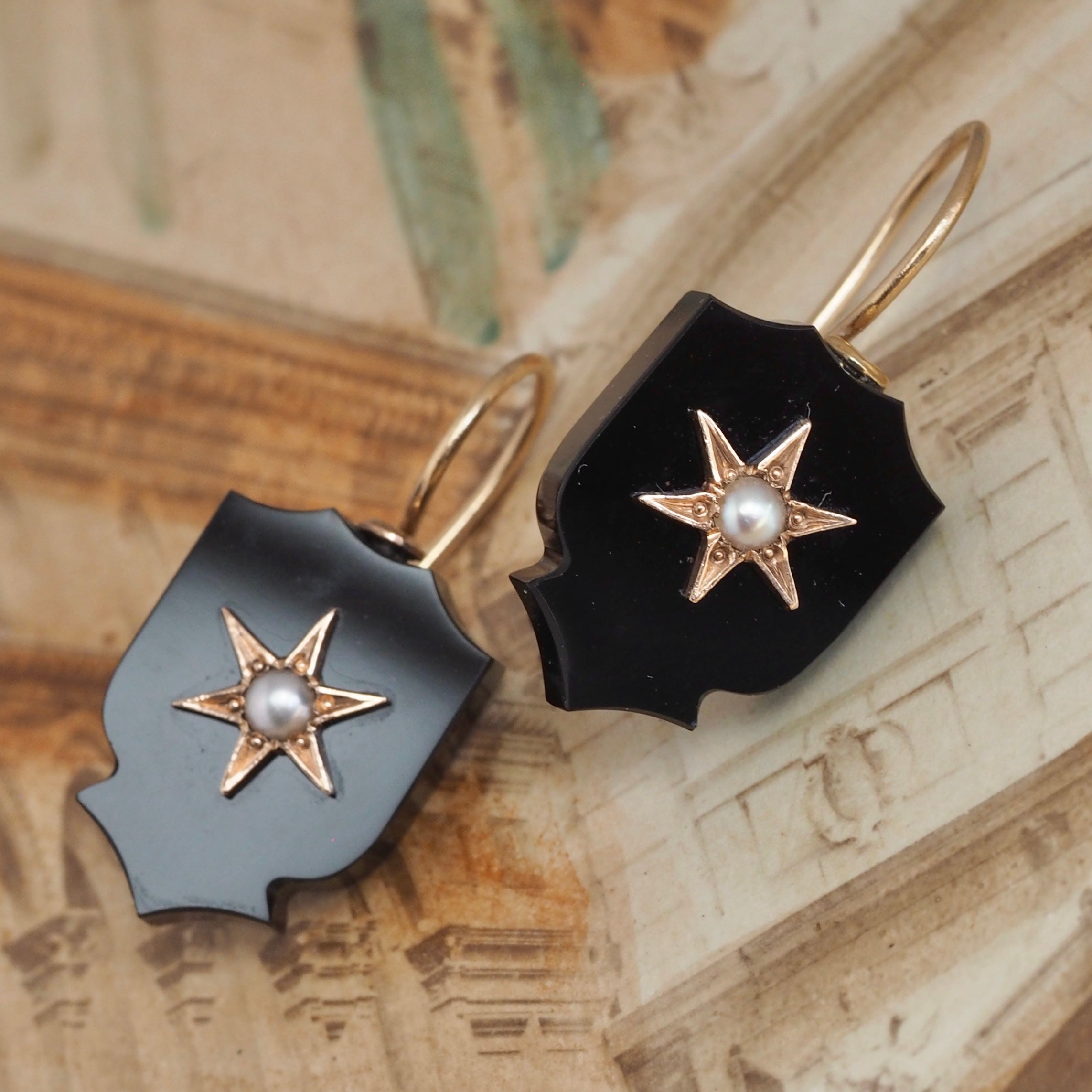 Antique Victorian 14k Gold Onyx and Seed Pearl Starburst Shield Earrings