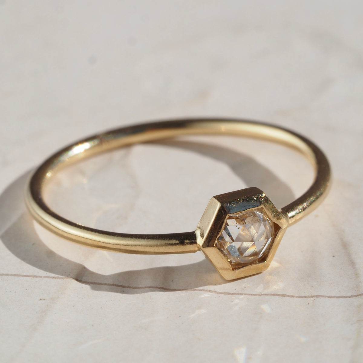 Rose Cut Diamond Hexagon 14k Gold Ring