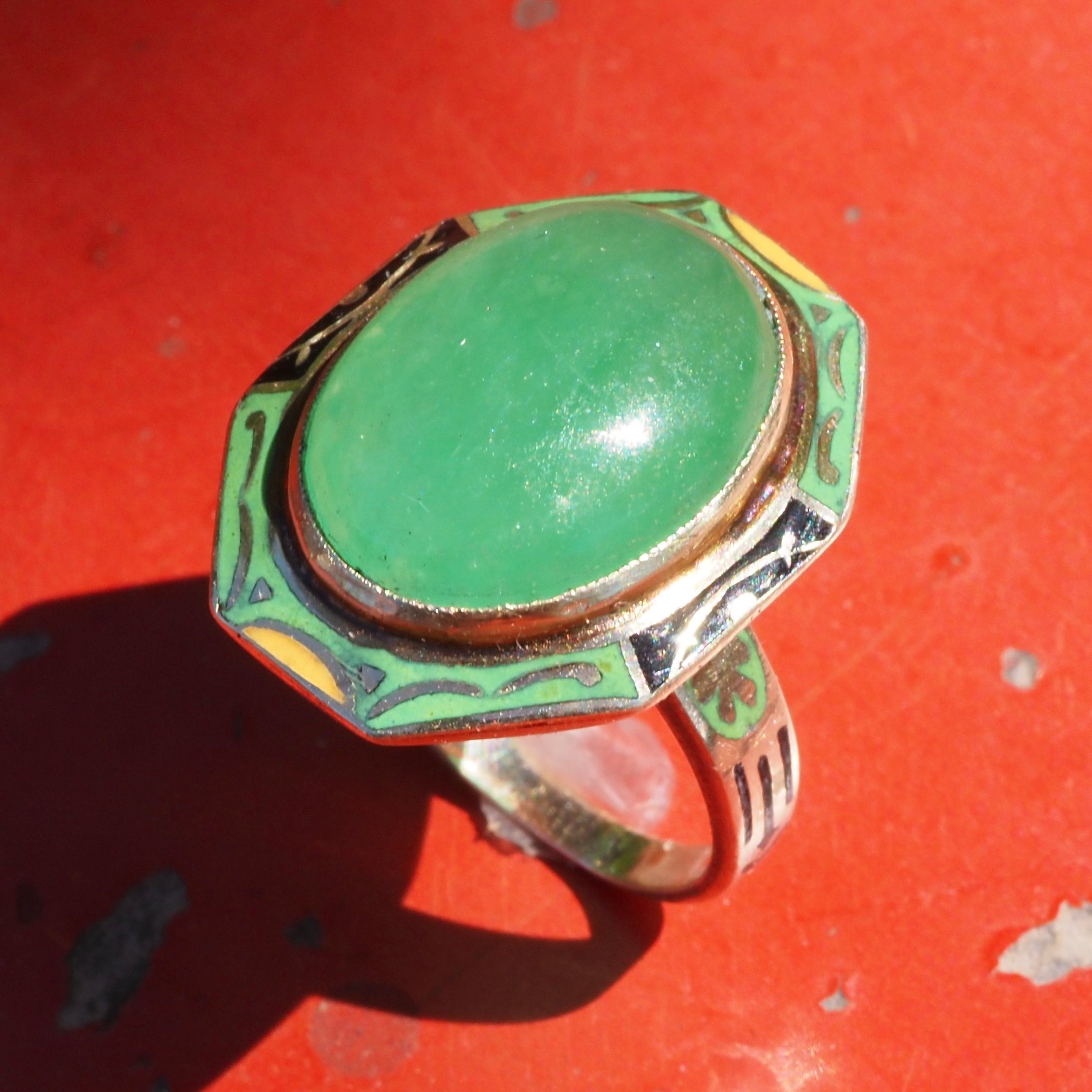 Antique Art Deco Jade and Enamel 14k Gold Ring