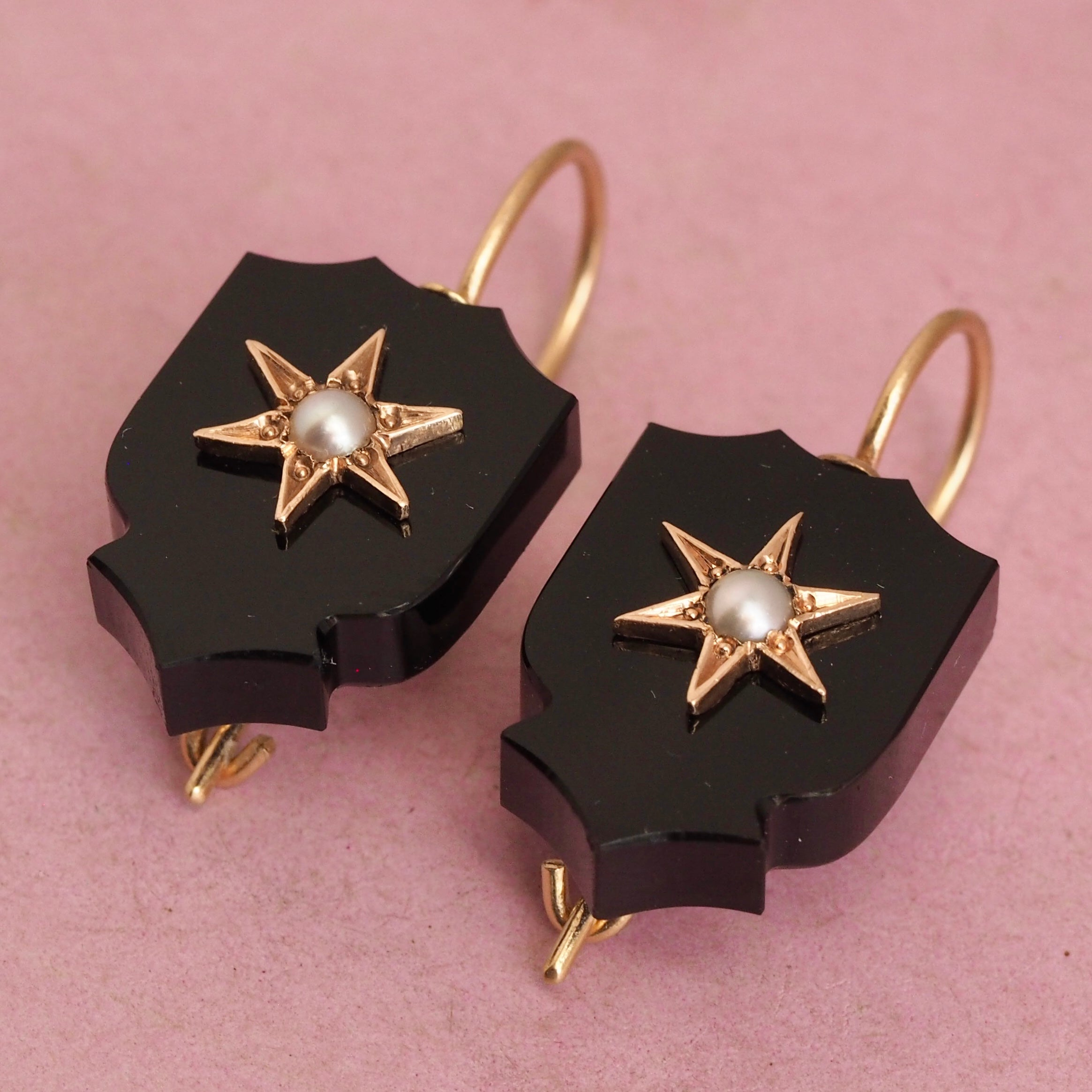 Antique Victorian 14k Gold Onyx and Seed Pearl Starburst Shield Earrings