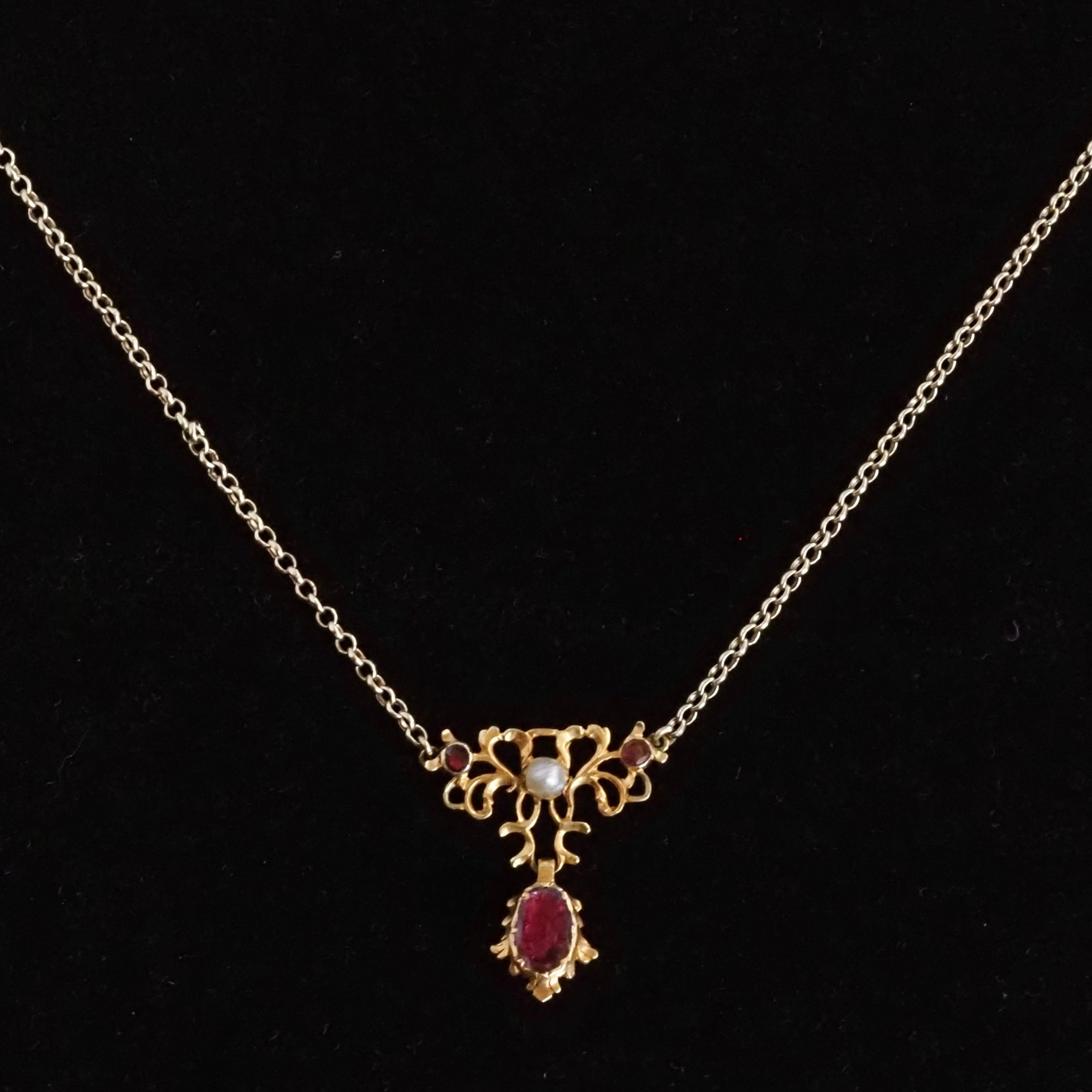 Antique Georgian Foiled Garnet Pendant on Vintage 9k Gold Rolo Chain