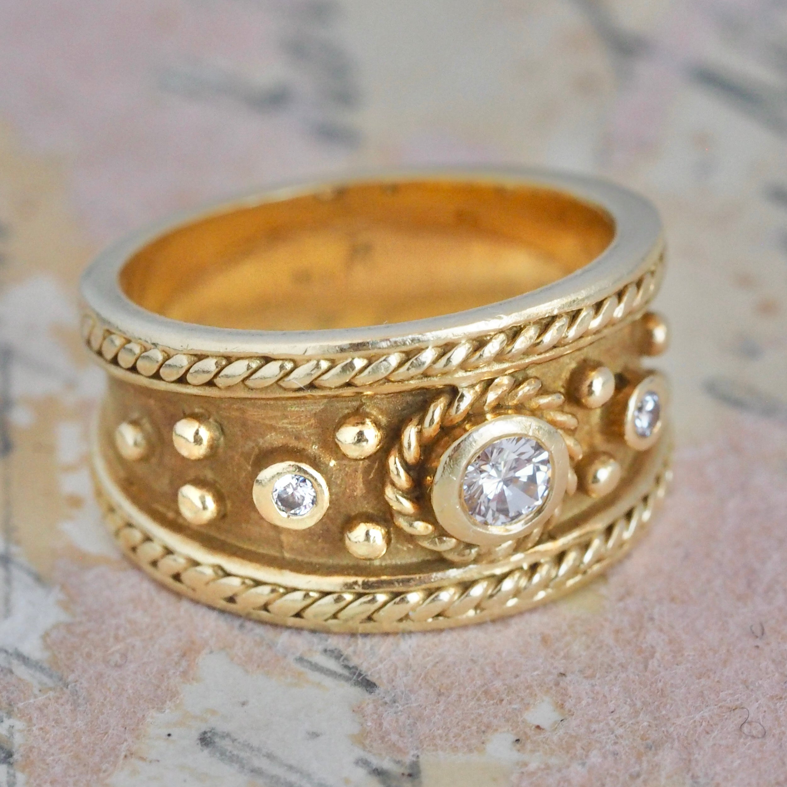 Vintage Etruscan Style 18k Gold Diamond Thick Band