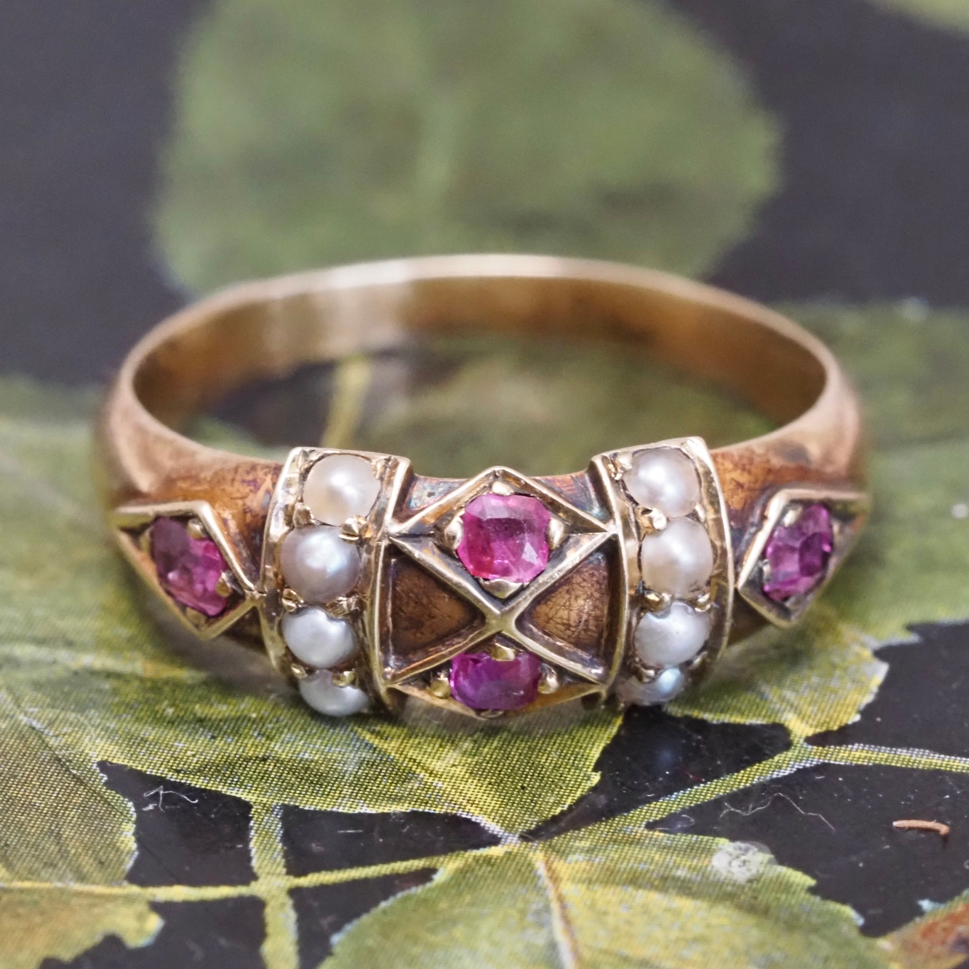 Antique Victorian English Ruby and Seed Pearl 15k Gold Ring