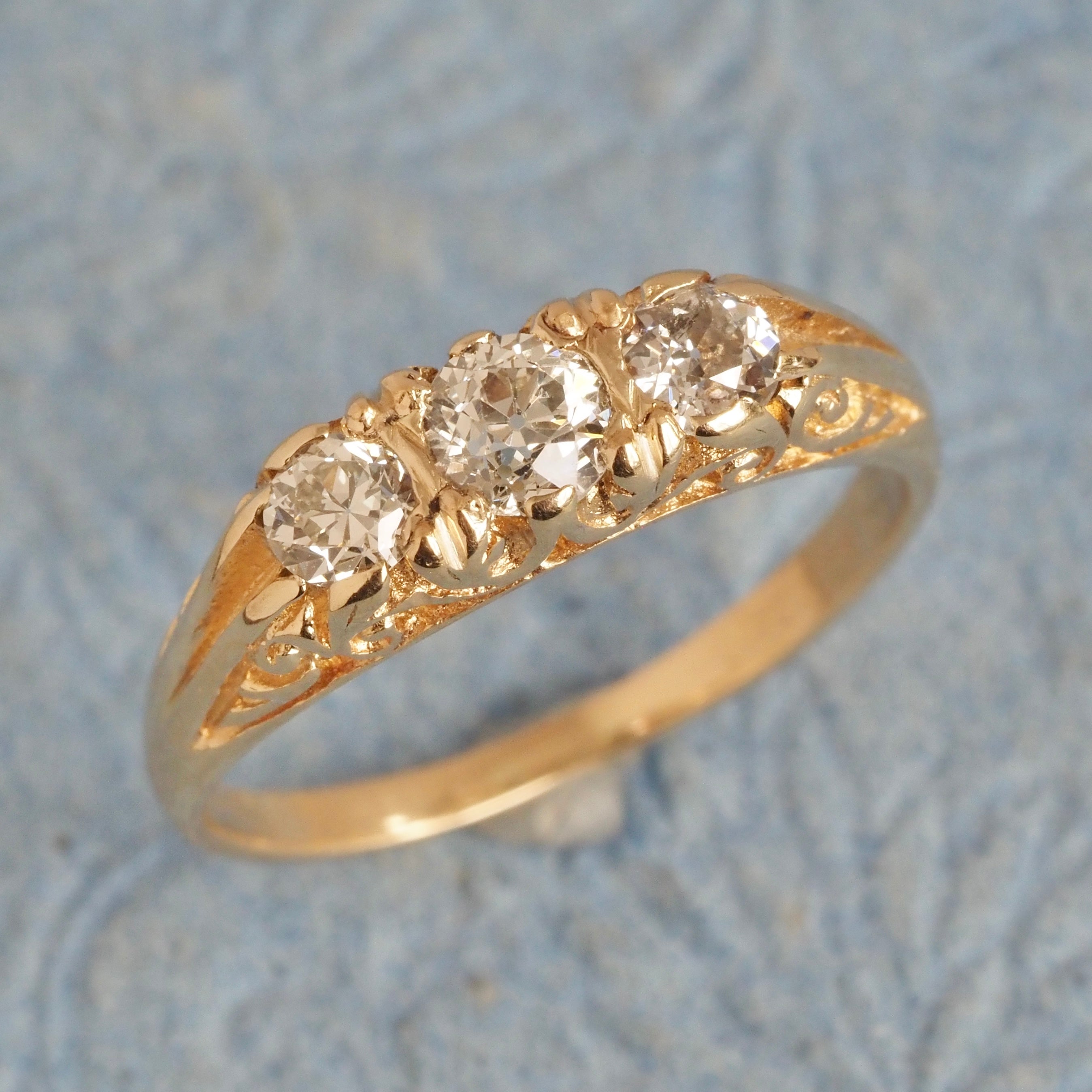 Art Nouveau Style Antique Old Mine Cut Diamond Trilogy 14k Gold Ring