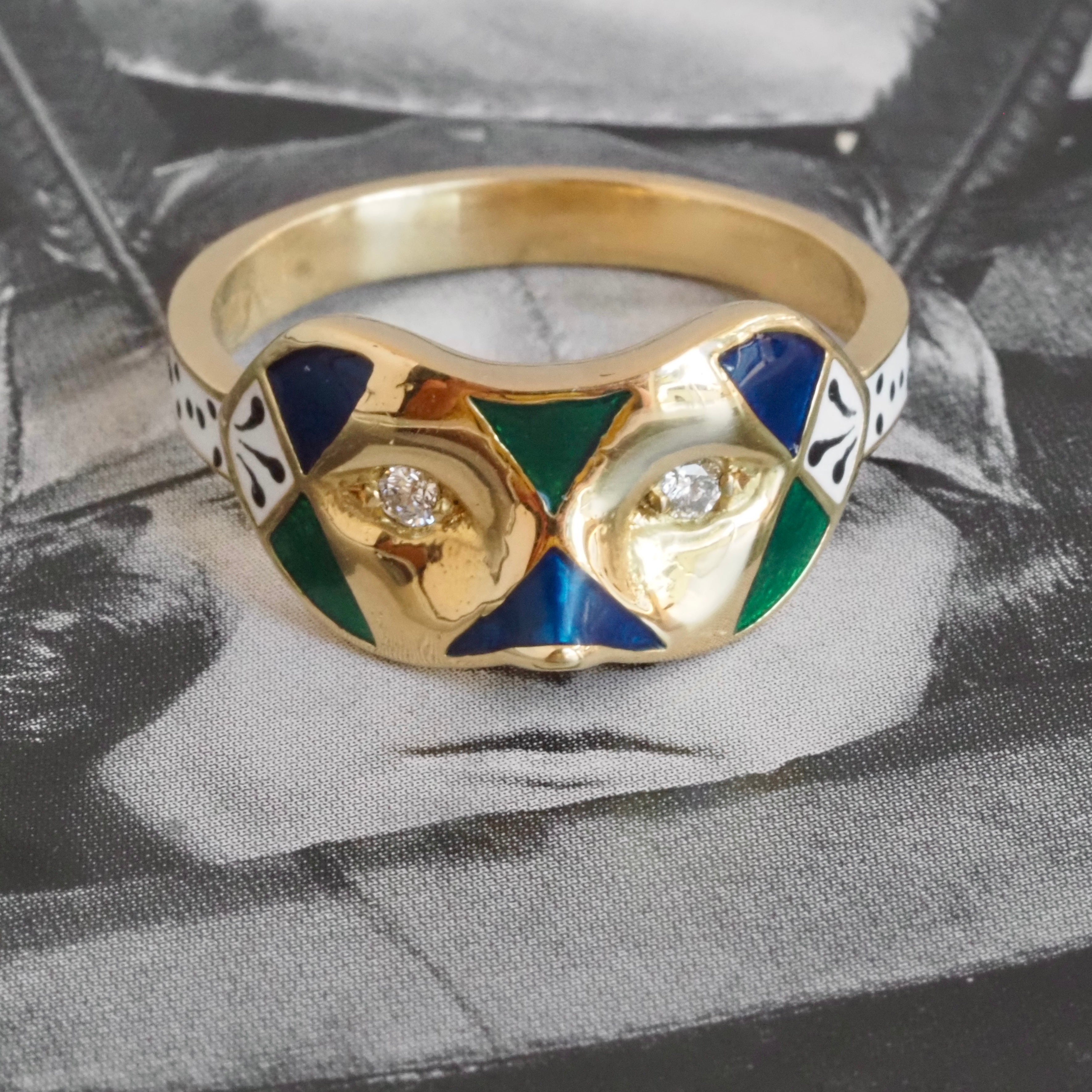 English Painted Mask Diamond and Enamel 18k Gold Ring