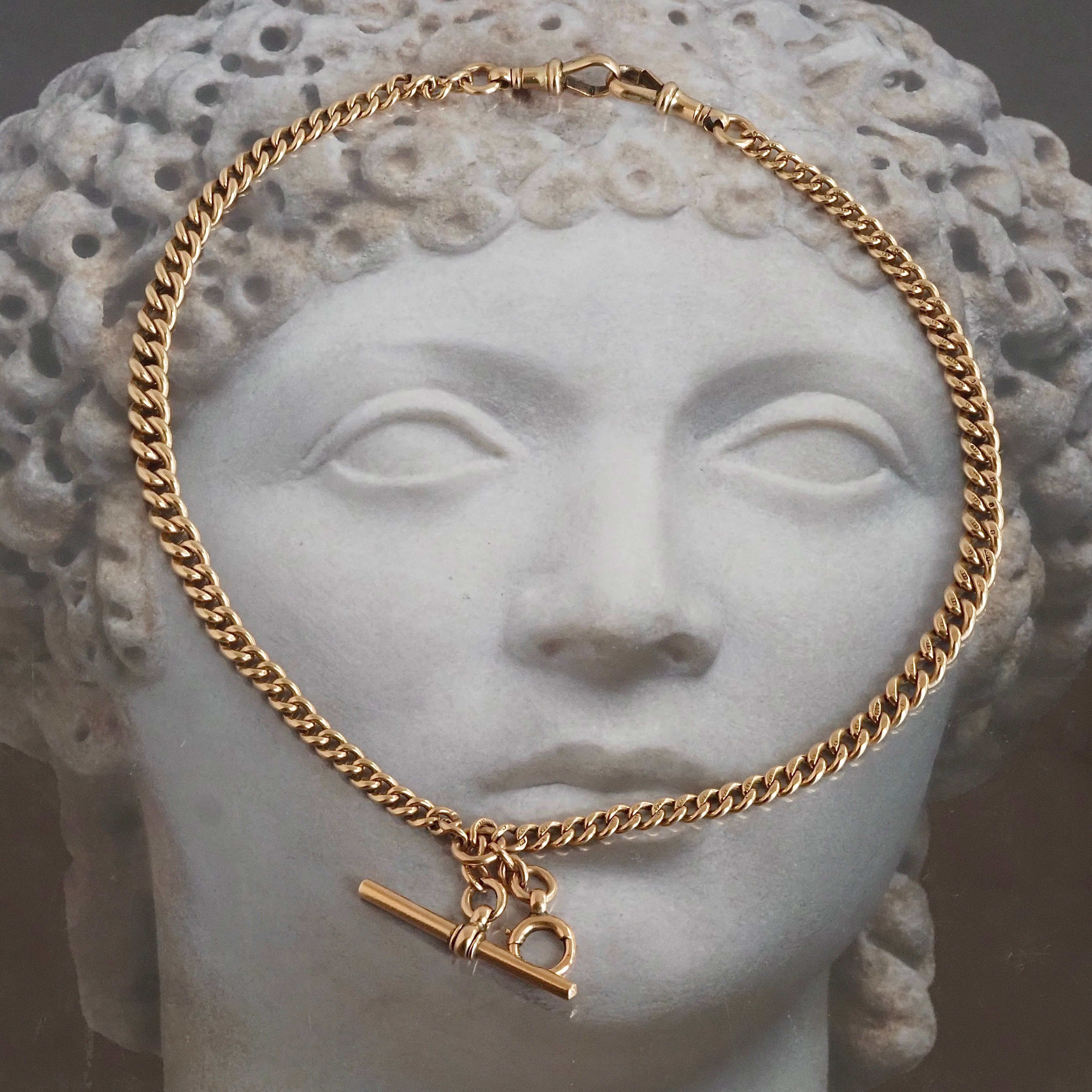 Antique English Graduated Curb Watch Chain Necklace with T-Bar and Bol
