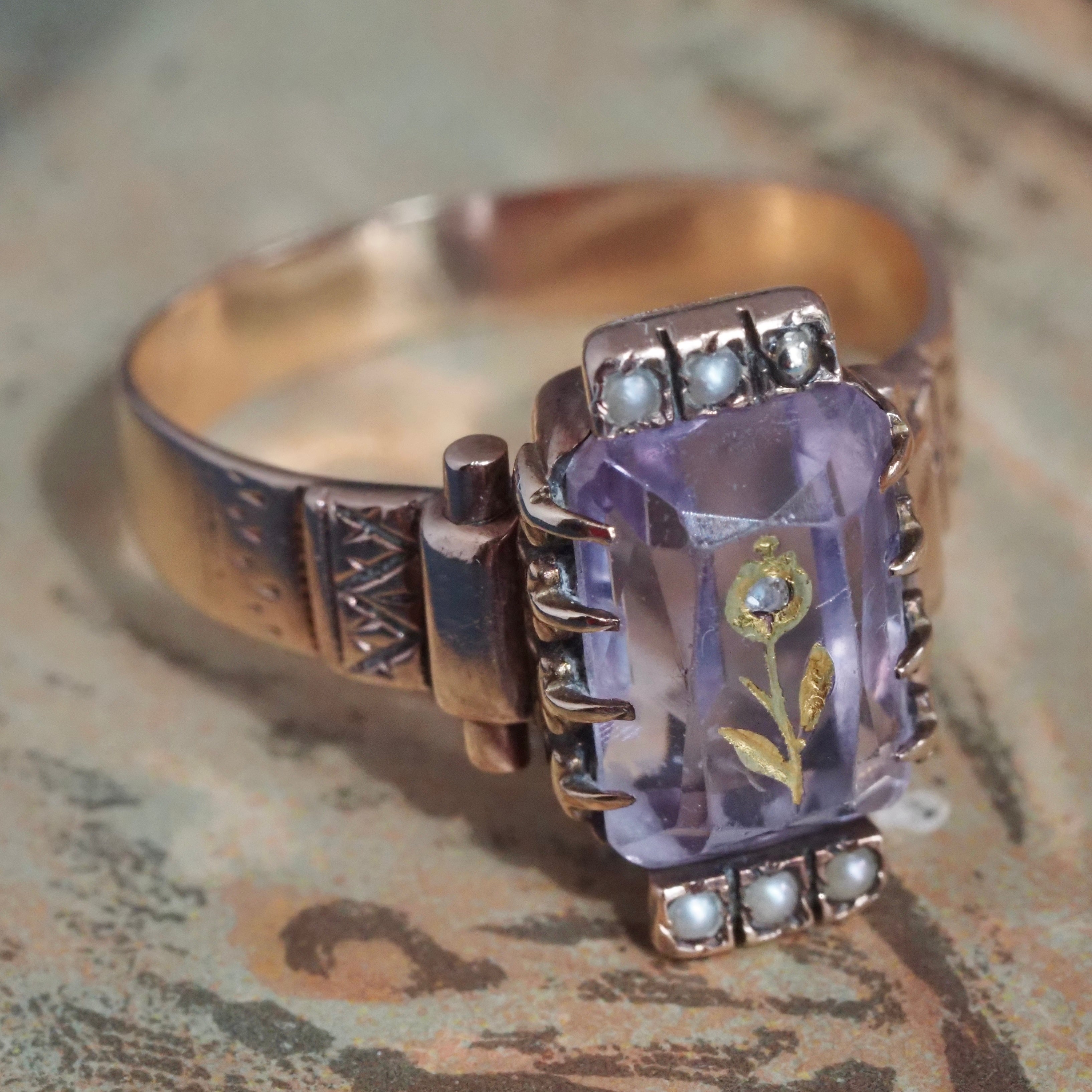 Antique Victorian Rose of Sharon Amethyst Diamond Seed Pearl 10k Gold Ring